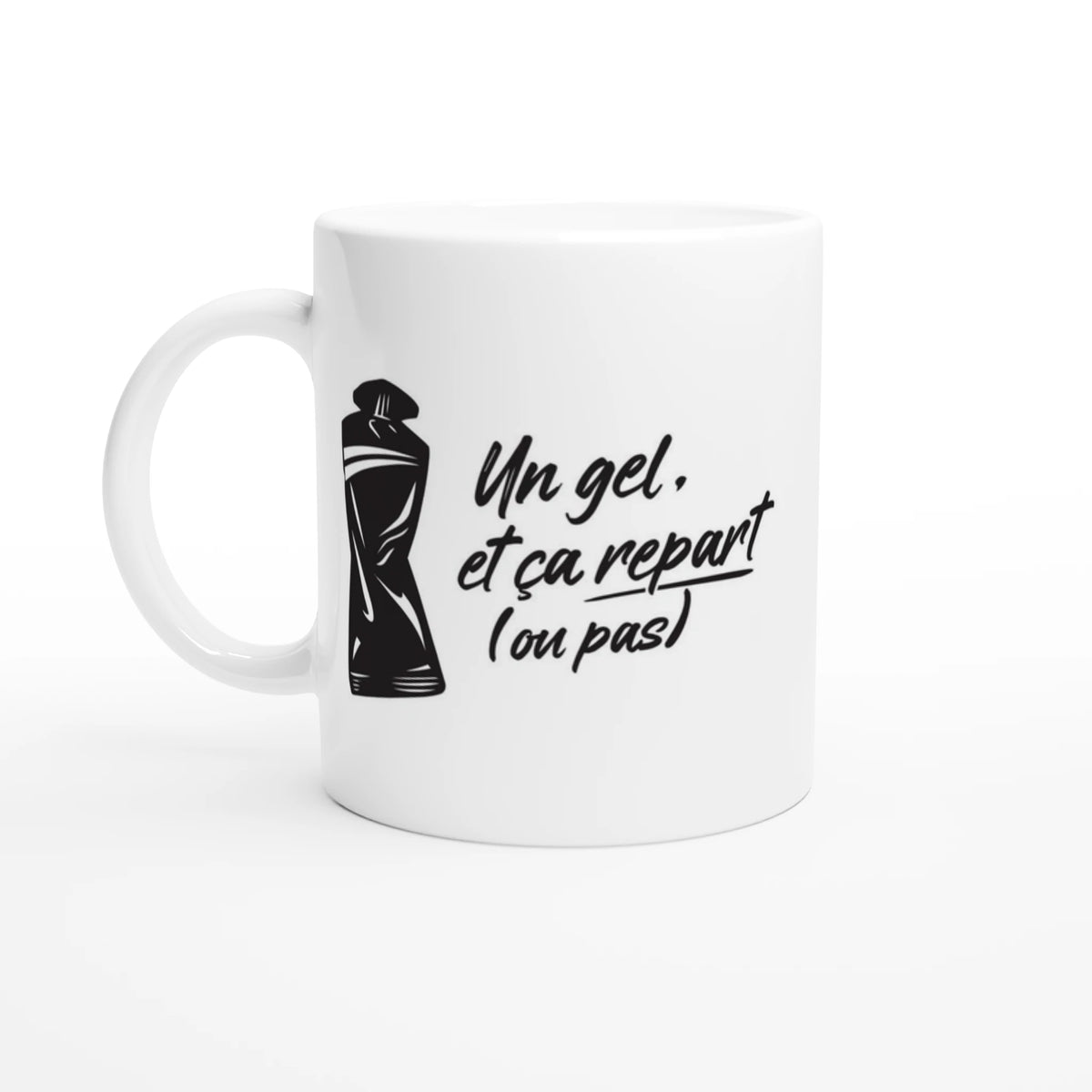 Mug vélo Un gel et ça repart, vue de face avec le visuel imprimé