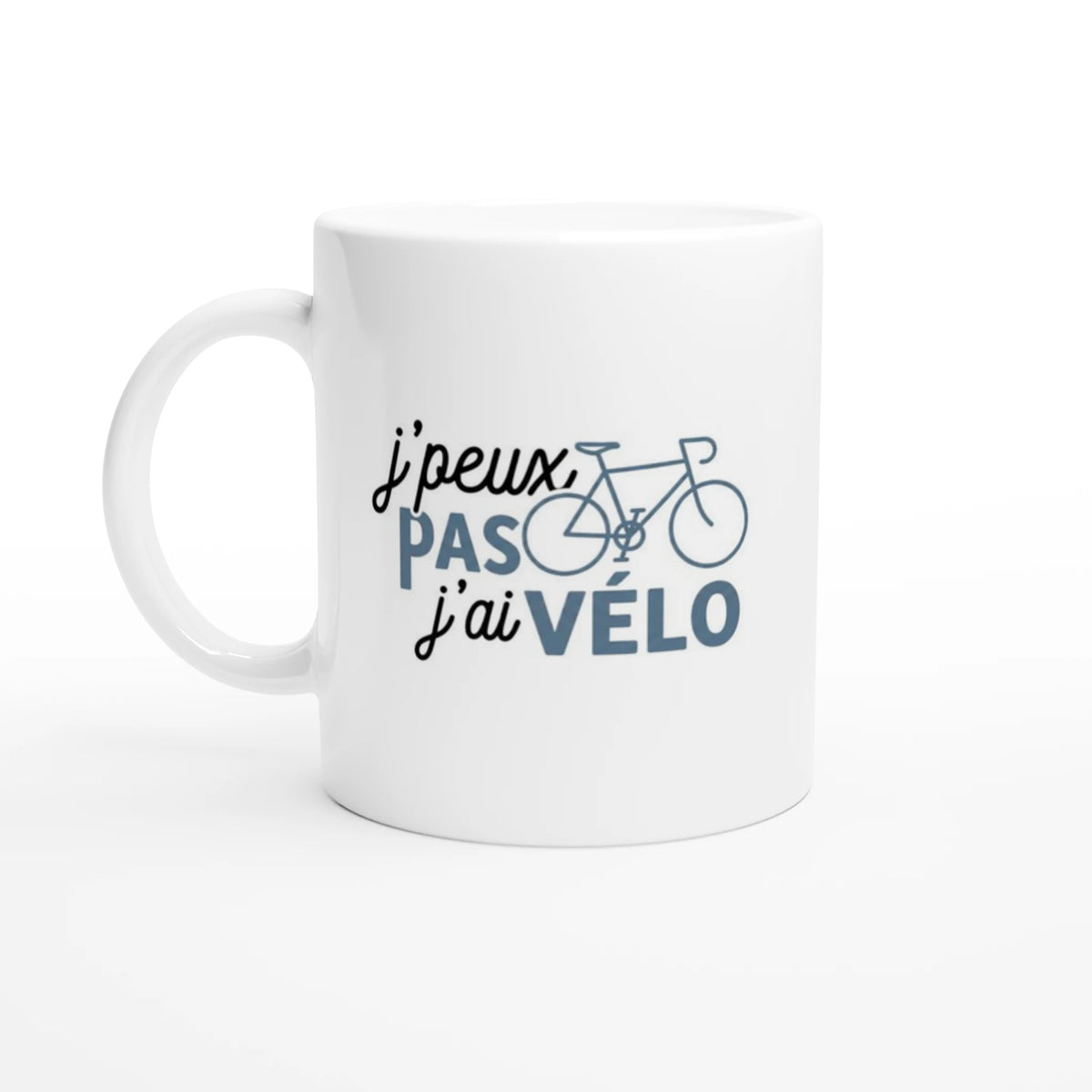 Mug cyclisme J'peux pas j'ai vélo, céramique blanche, cadeau cycliste