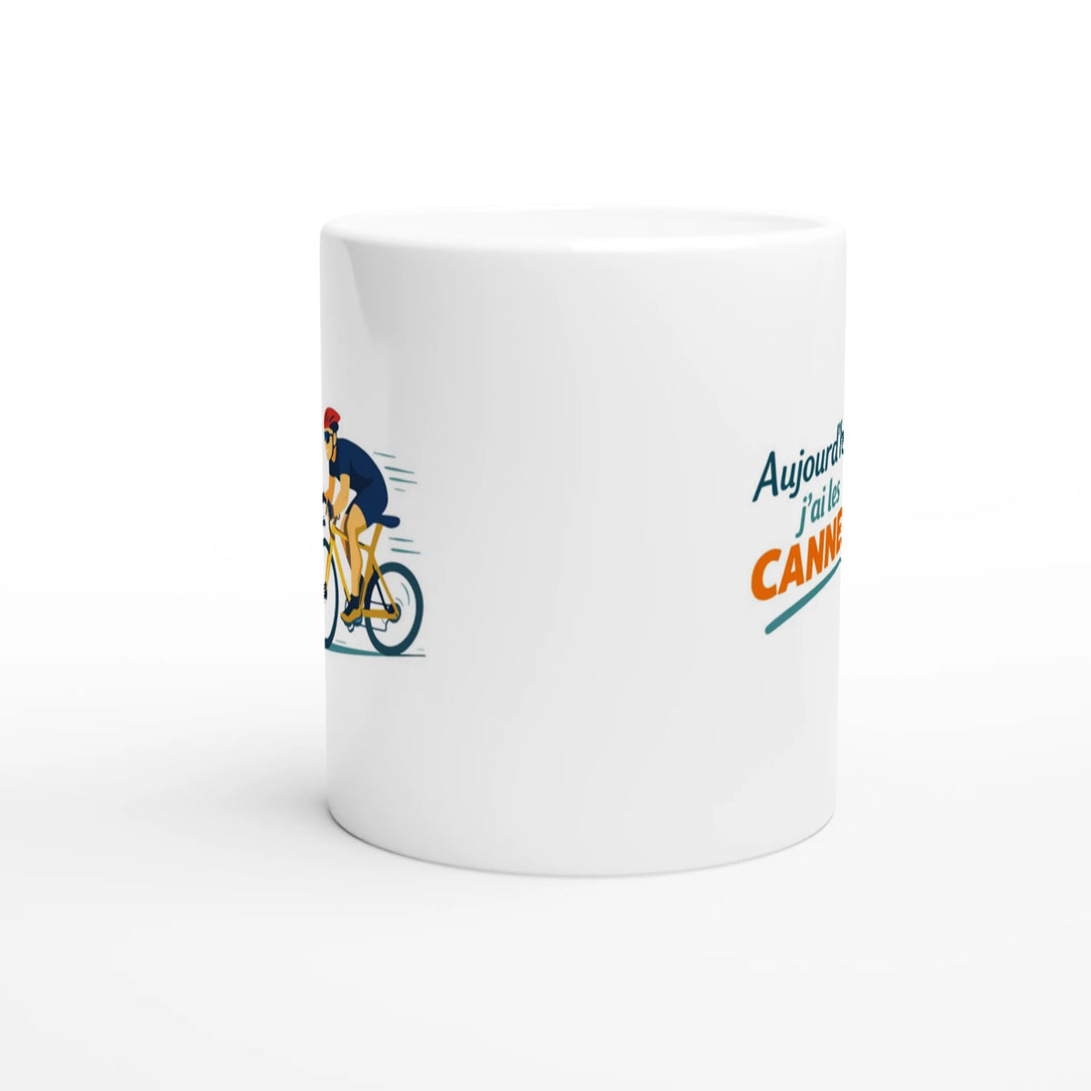 Mug cycliste Aujourd'hui j'ai les cannes, détail de l'impression