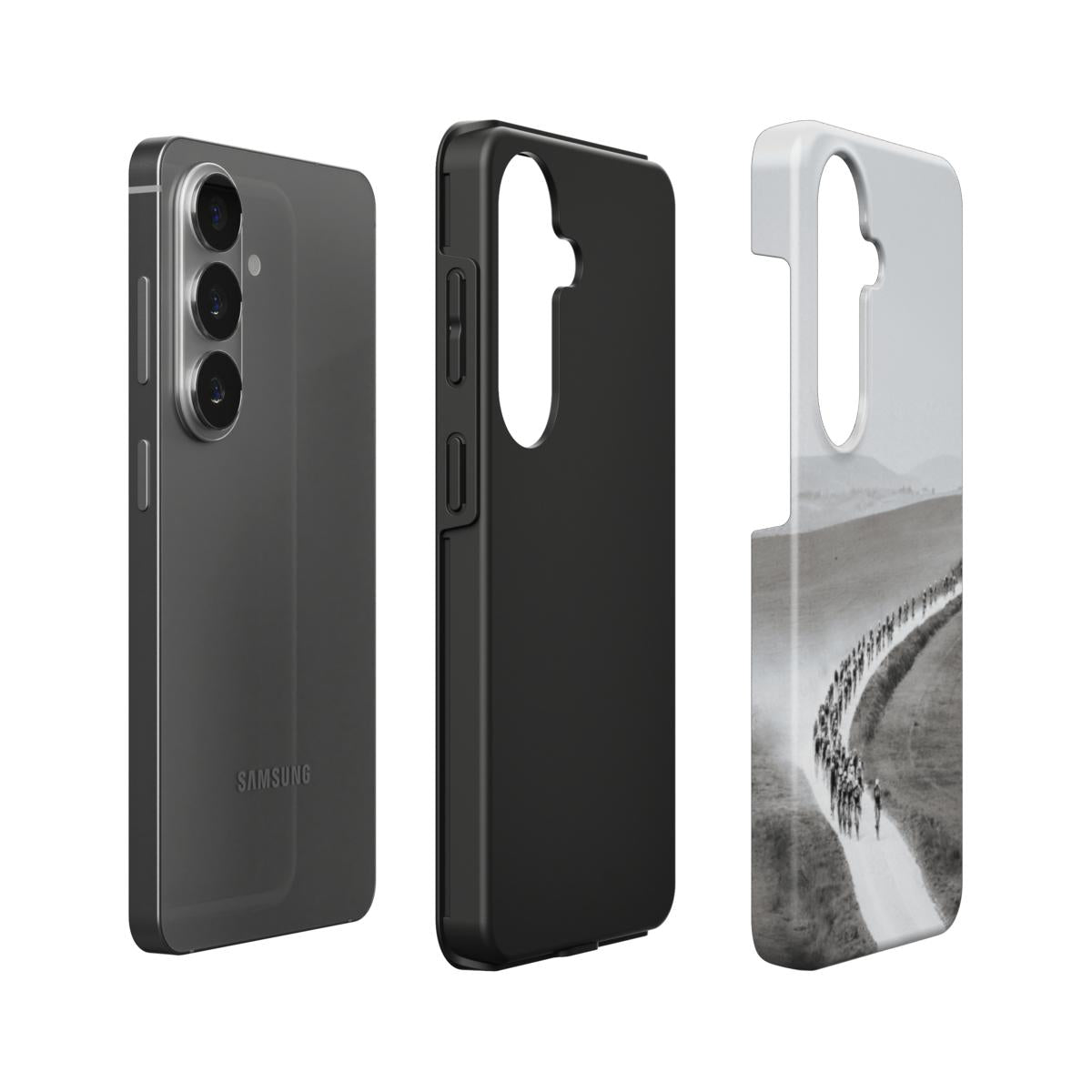 Coque iPhone cyclisme Strade Bianche installée sur smartphone, rendu final