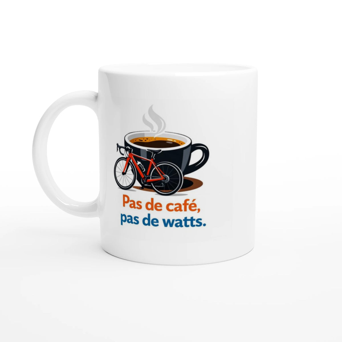 Mug cyclisme Pas de café pas de watts, céramique blanche, cadeau cycliste