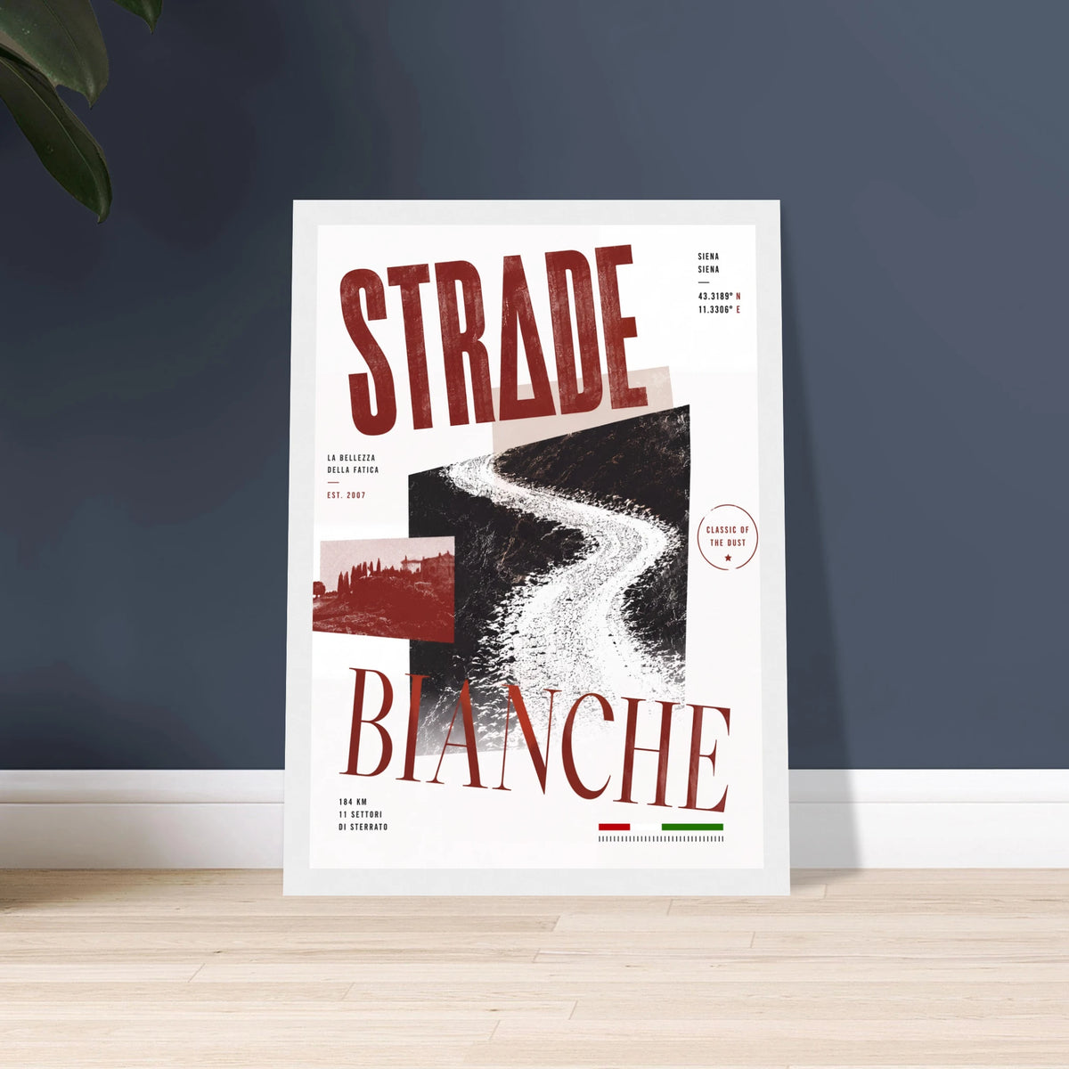 Affiche cycliste Strade Bianche, poster encadré format portrait