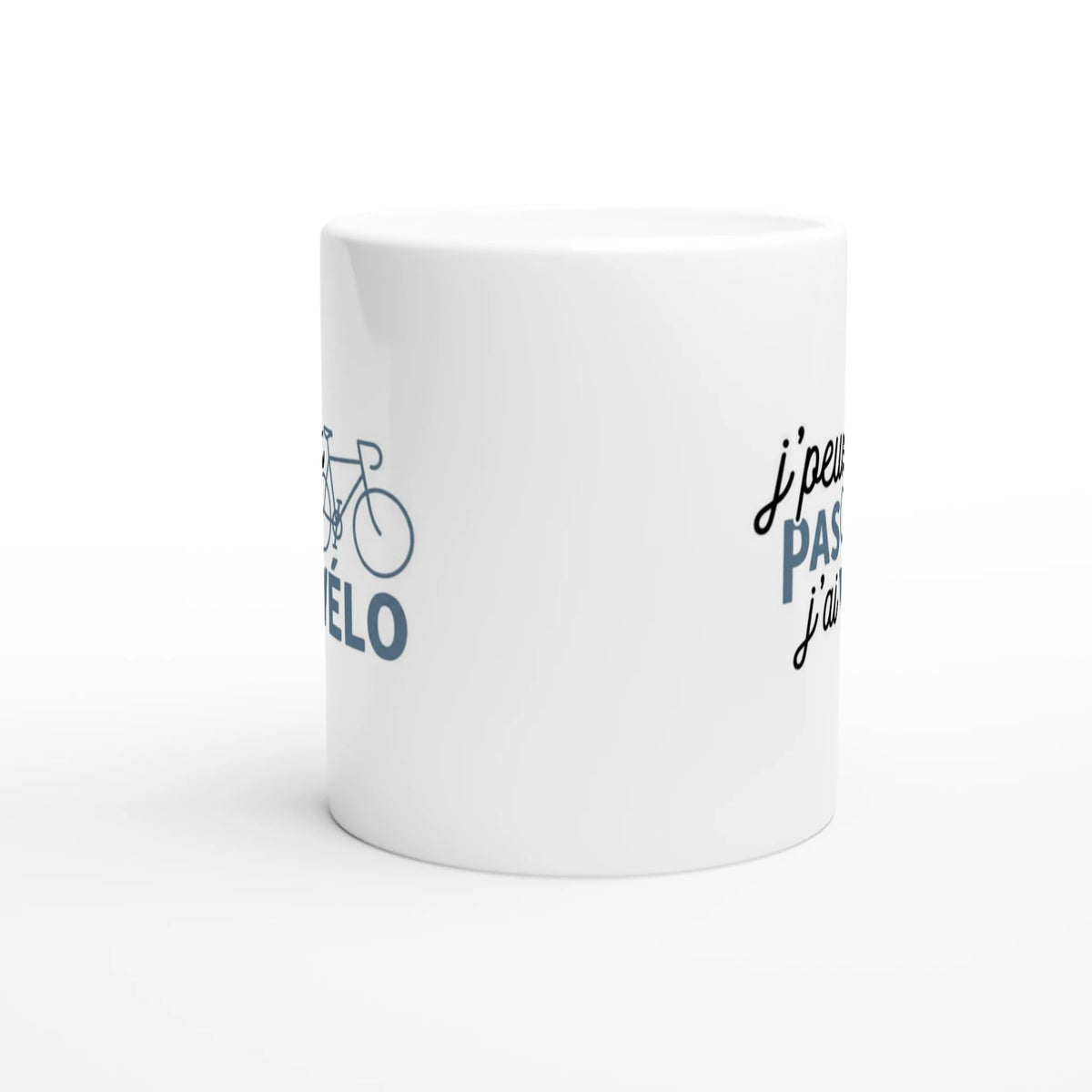 Mug cycliste J'peux pas j'ai vélo, détail de l'impression