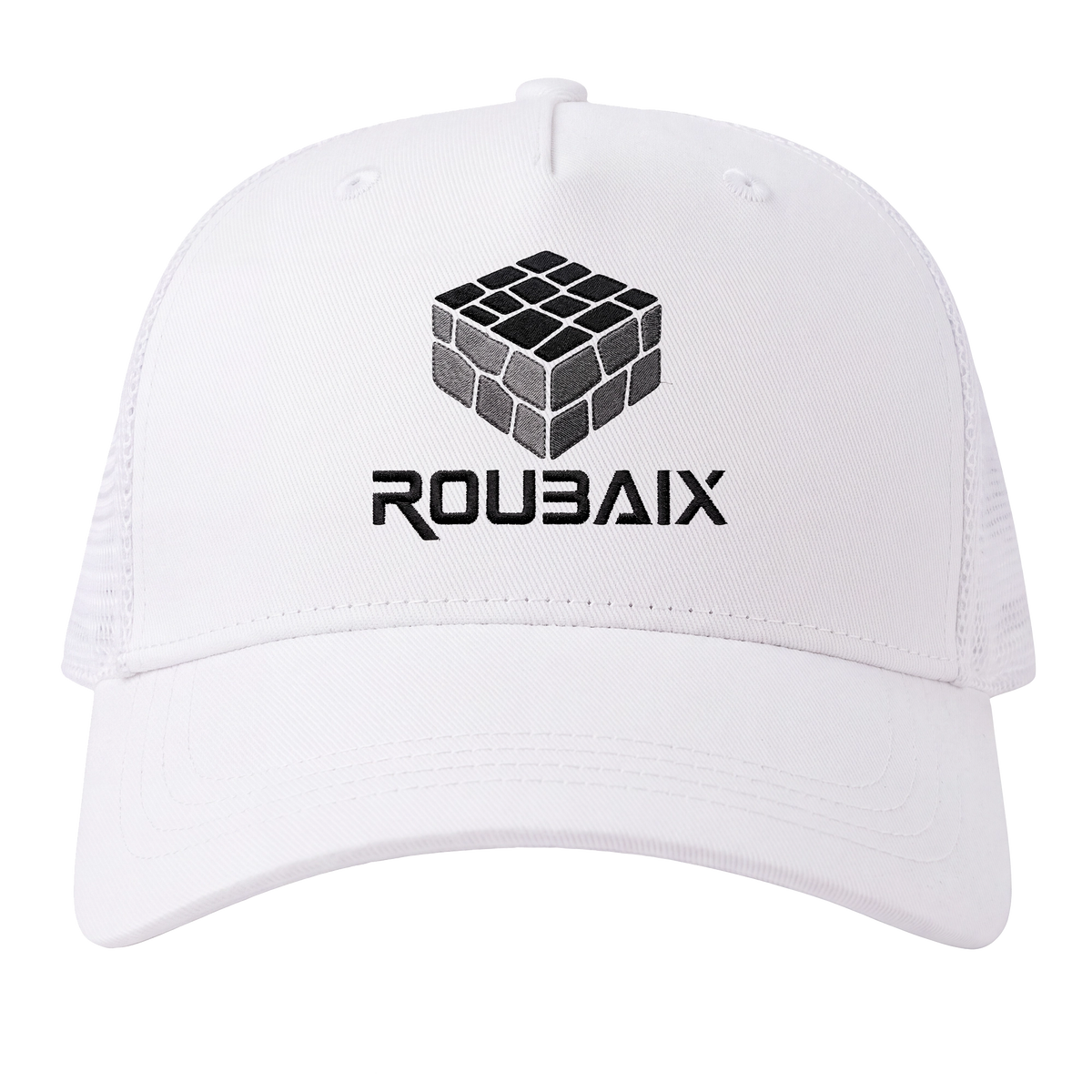 Casquette vélo Roubaix, vue de face avec broderie sur panneau coton