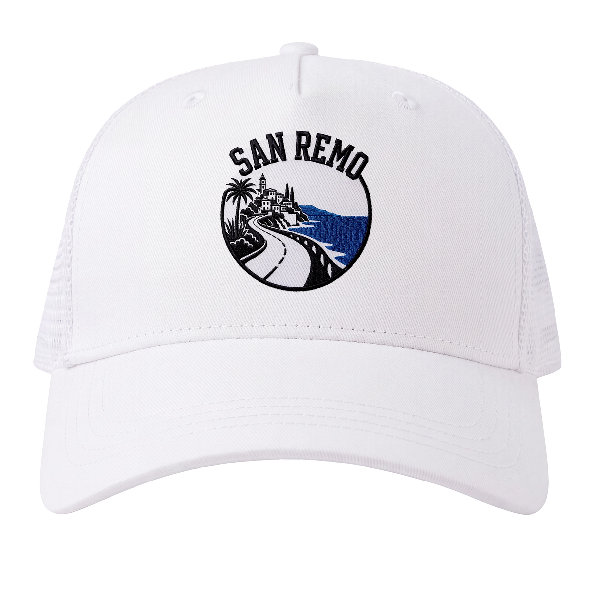 Casquette vélo San Remo, vue de face avec broderie sur panneau coton