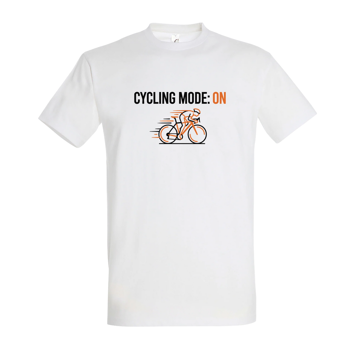 T-shirt cyclisme humour blanc Cycling Mode : ON, visuel imprimé sur le devant