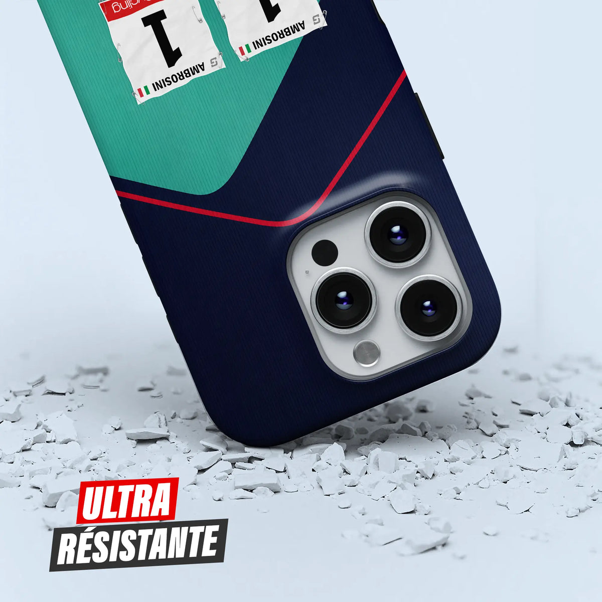 Coque iPhone cadeau cycliste MBH Bank avec nom, numéro et drapeau