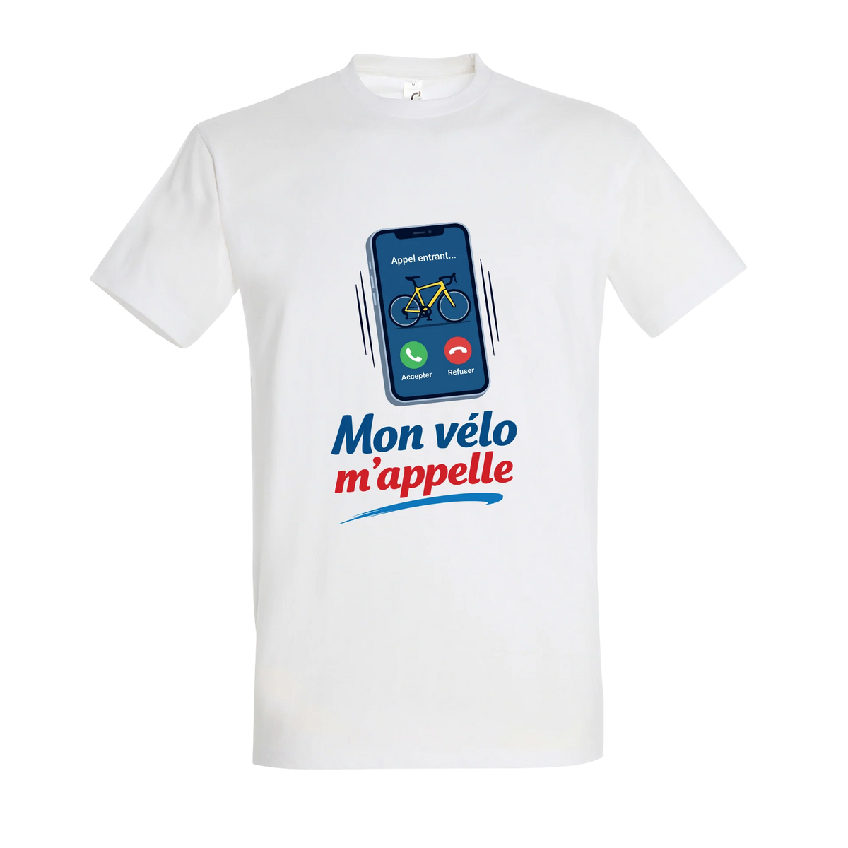 T-shirt cyclisme humour blanc Mon vélo m'appelle, visuel imprimé sur le devant