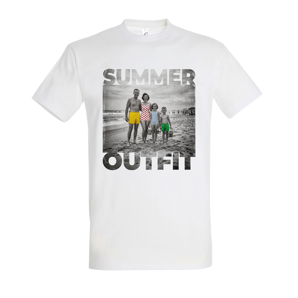 T-shirt cyclisme humour blanc Summer Outfit, photo de plage noir et blanc avec maillots jaune, à pois et vert