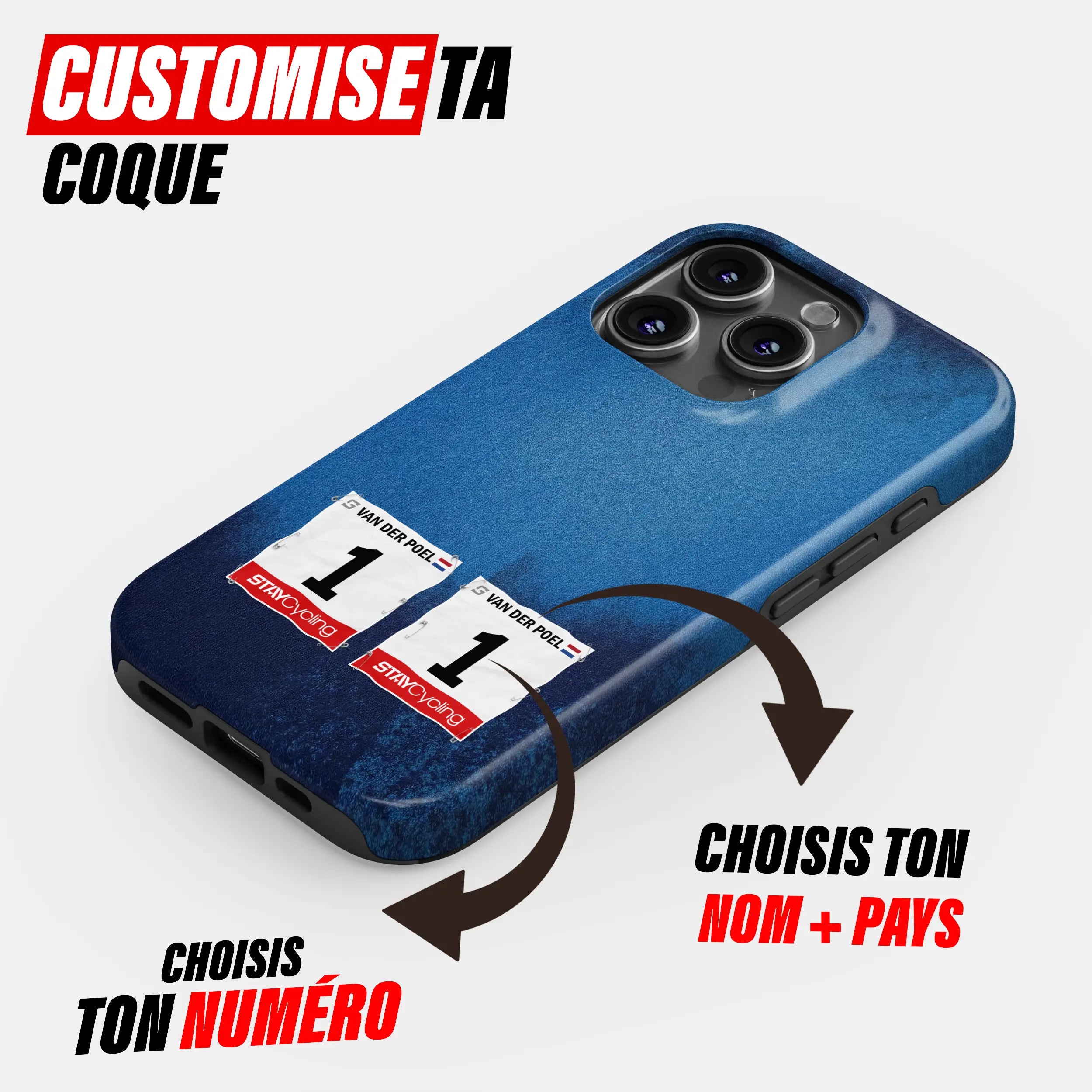 Coque iPhone cyclisme Alpecin Premier Tech installée sur smartphone, rendu final