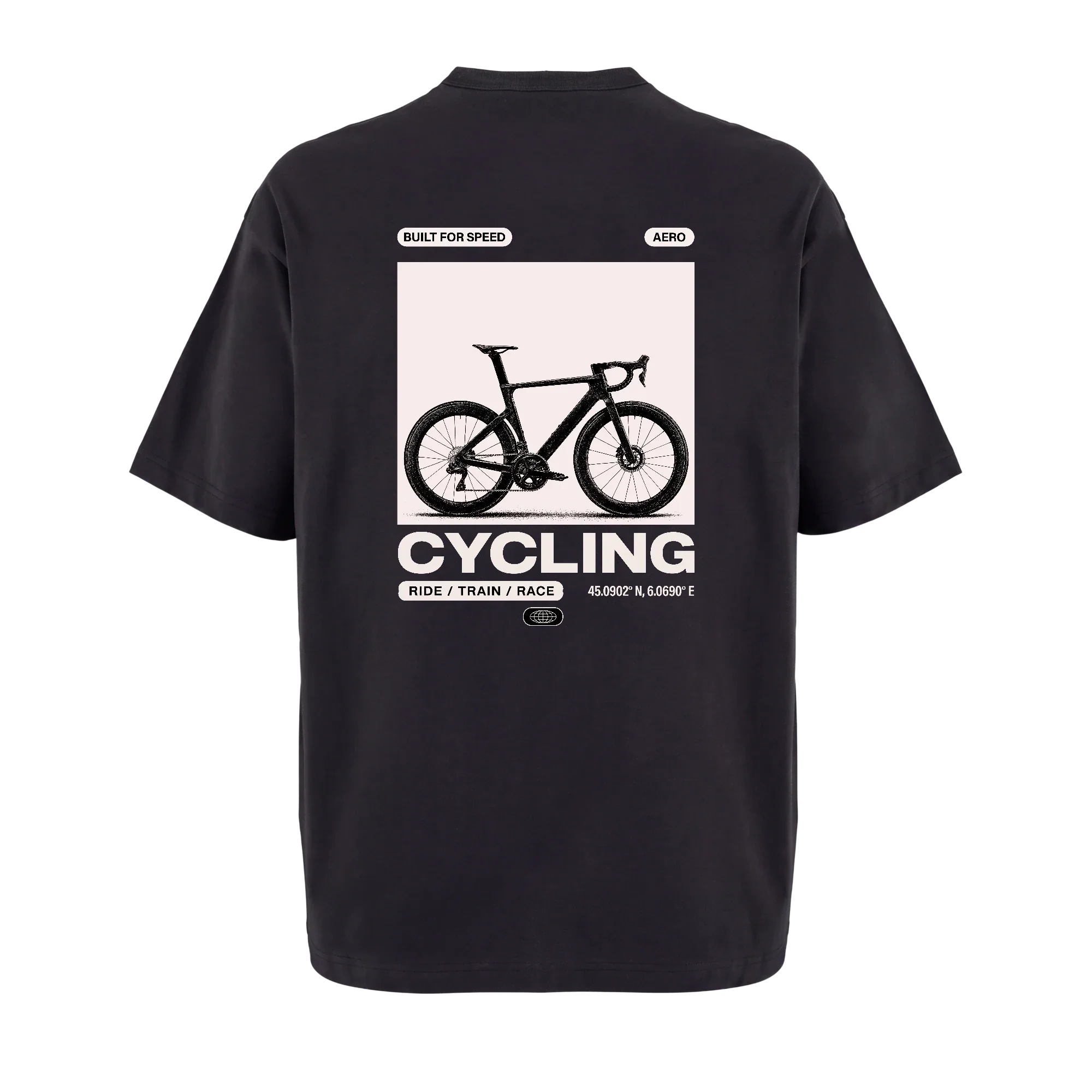 T-shirt oversize noir Aero, vue de dos avec flocage du visuel