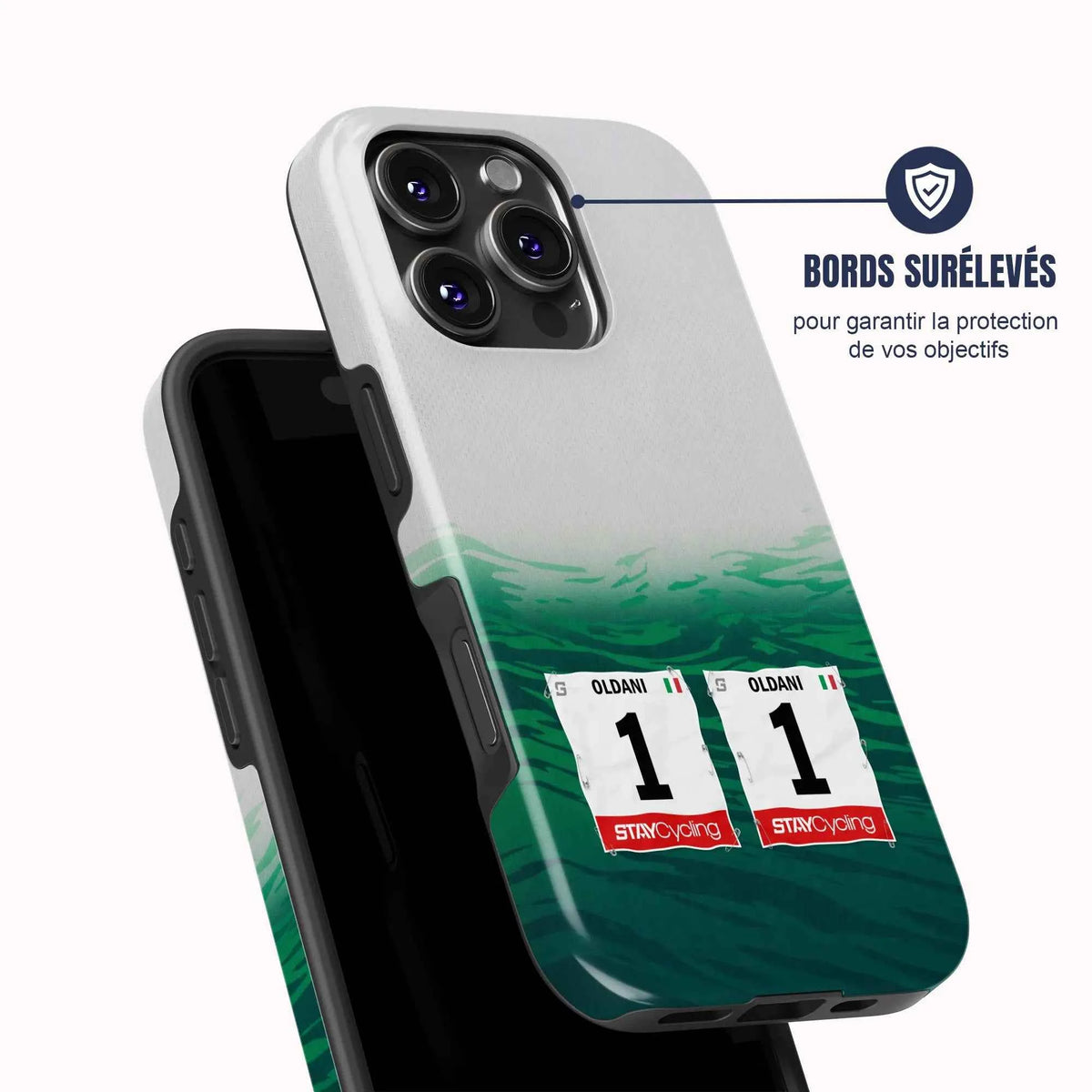 Coque de téléphone cyclisme Caja Rural Seguros RGA, vue de dos avec dossard