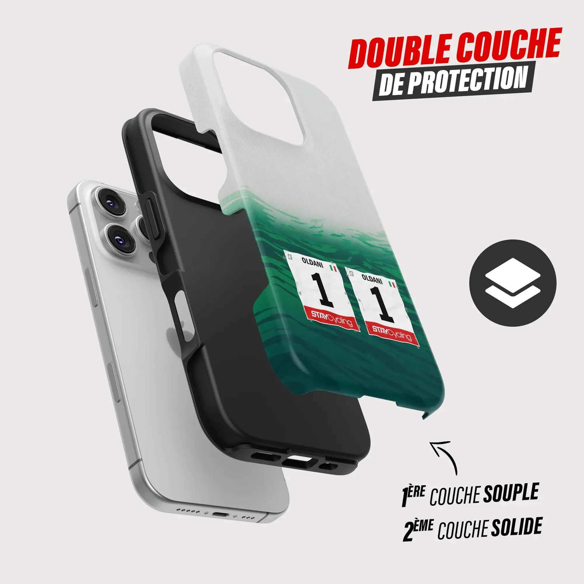 Coque iPhone Caja Rural Seguros RGA personnalisable, gros plan sur le dossard