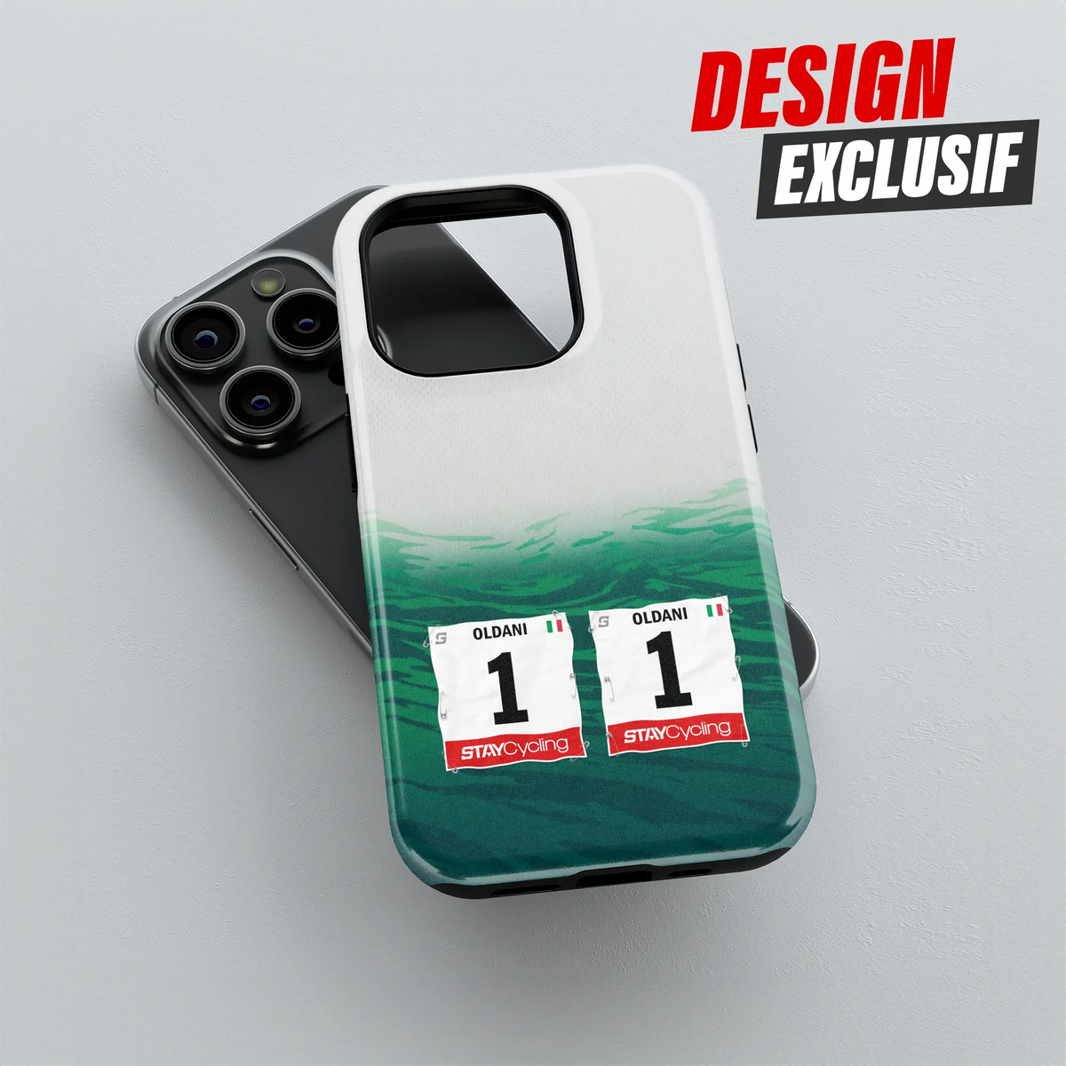 Coque iPhone cadeau cycliste Caja Rural Seguros RGA avec nom, numéro et drapeau