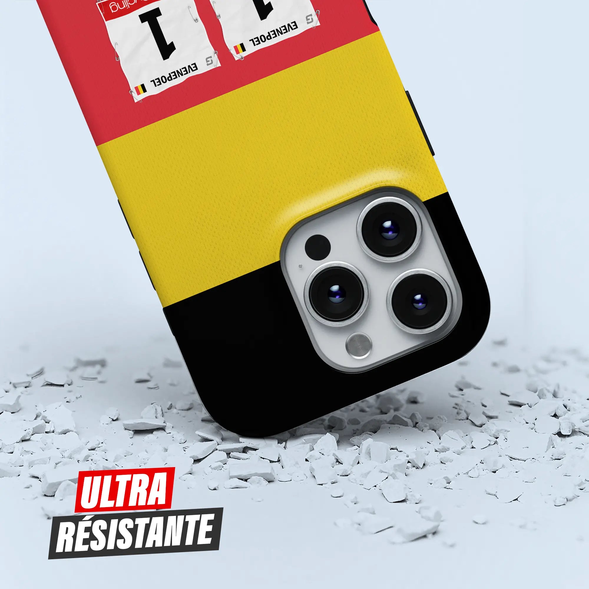 Coque iPhone cadeau cycliste Champion de Belgique avec nom, numéro et drapeau