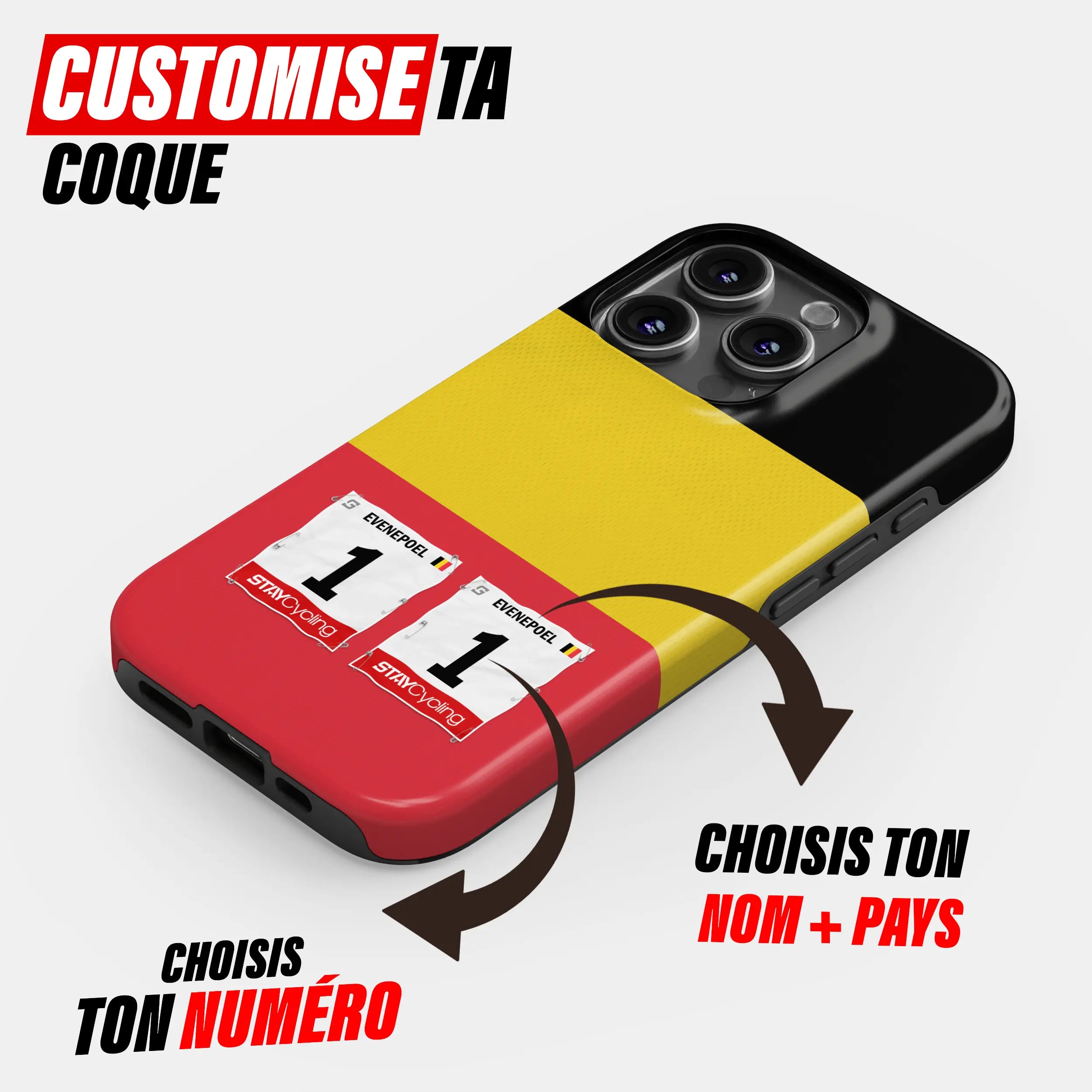 Coque téléphone cyclisme personnalisée aux couleurs Champion de Belgique, protection double couche