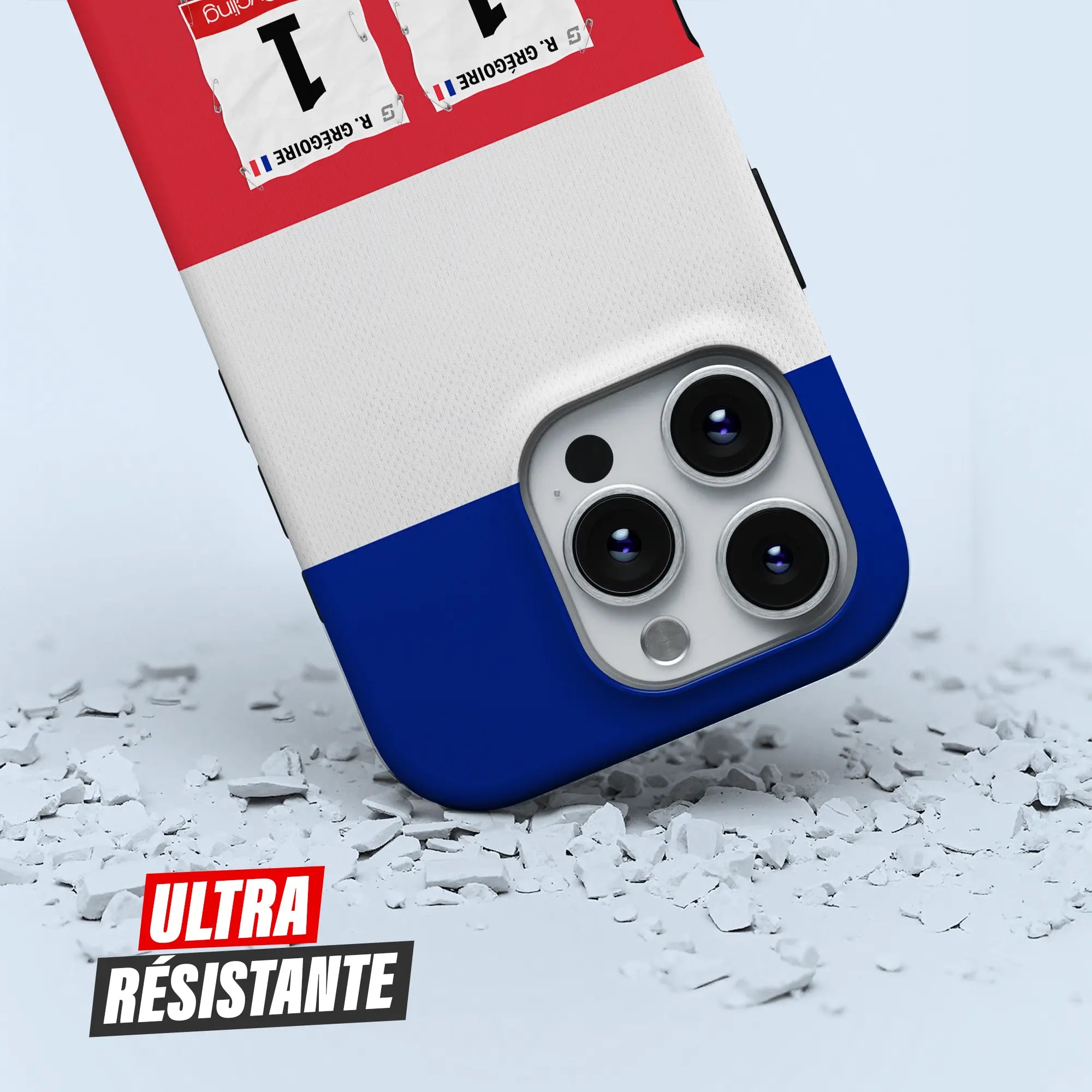 Coque iPhone cadeau cycliste Champion de France avec nom, numéro et drapeau