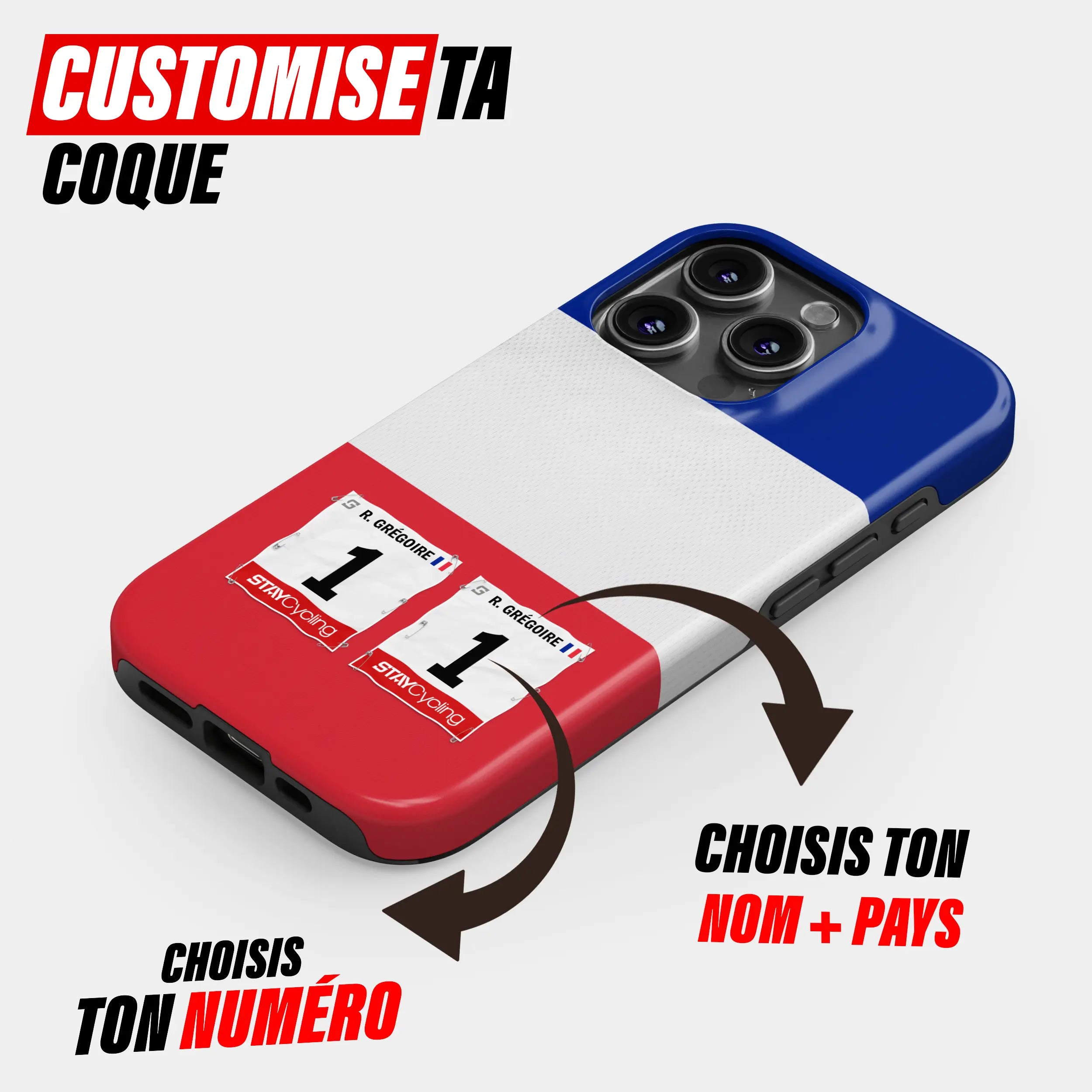 Coque téléphone cyclisme personnalisée aux couleurs Champion de France, protection double couche