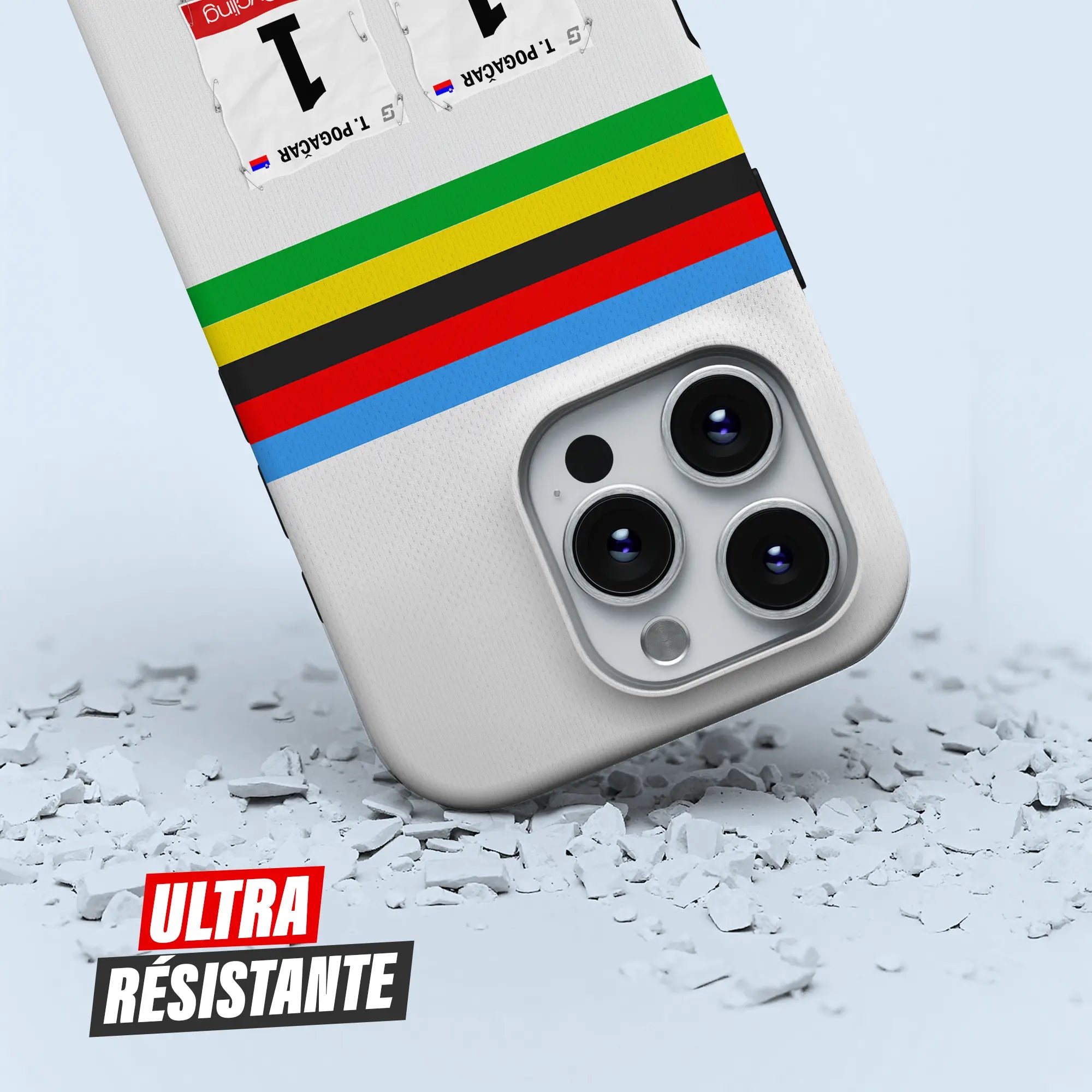 Coque iPhone cadeau cycliste Champion du Monde avec nom, numéro et drapeau