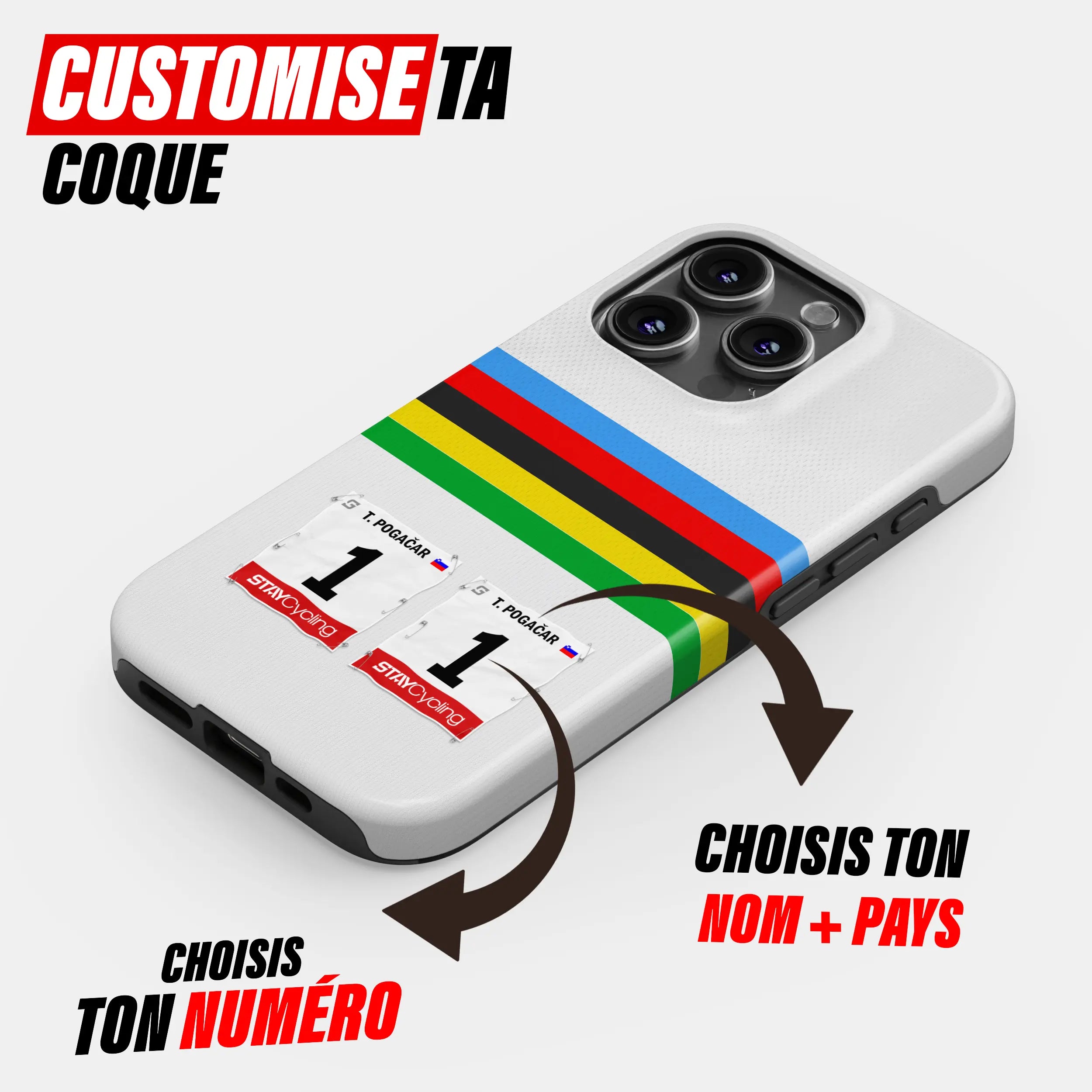 Coque téléphone cyclisme personnalisée aux couleurs Champion du Monde, protection double couche