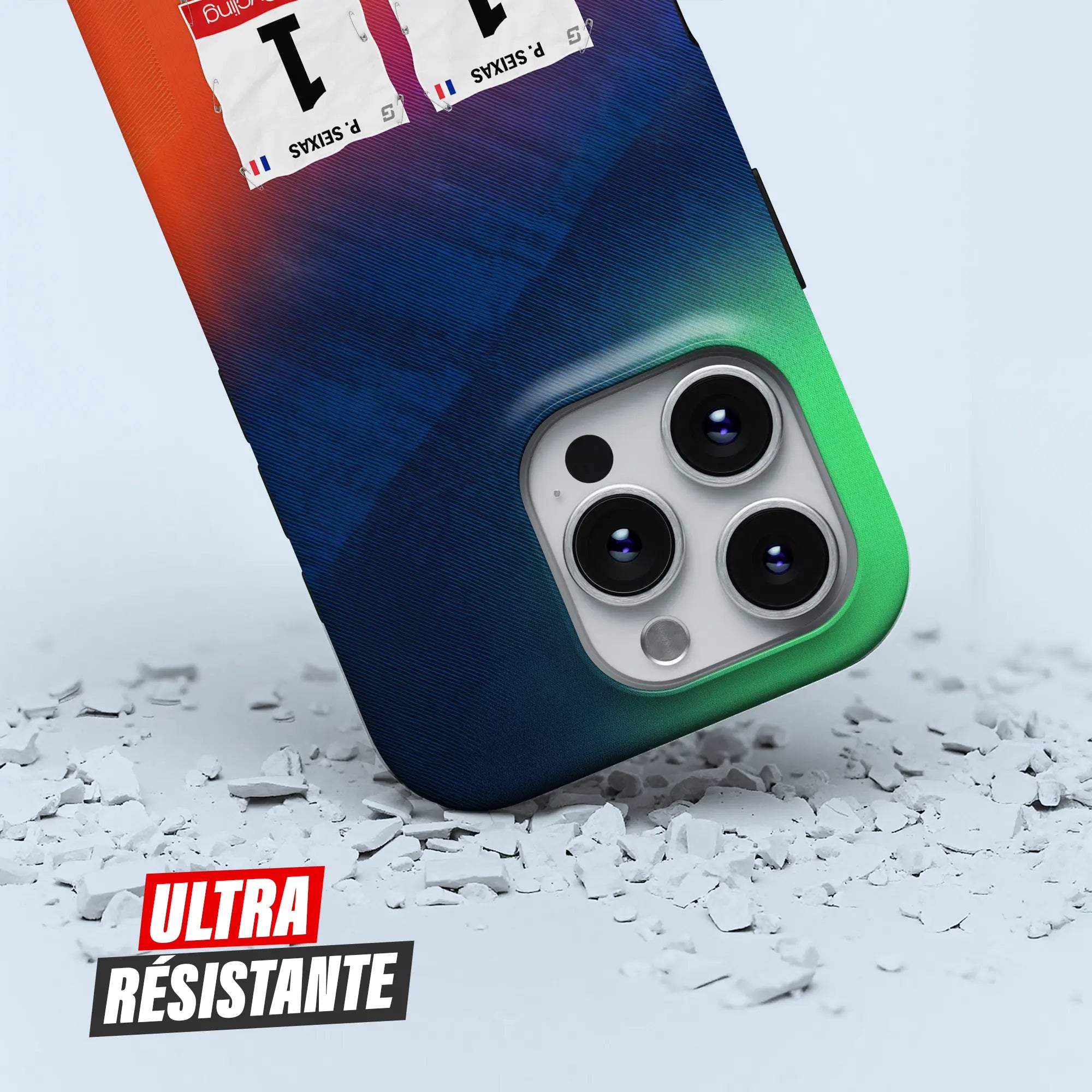 Coque iPhone cadeau cycliste Decathlon CMA CGM Team avec nom, numéro et drapeau