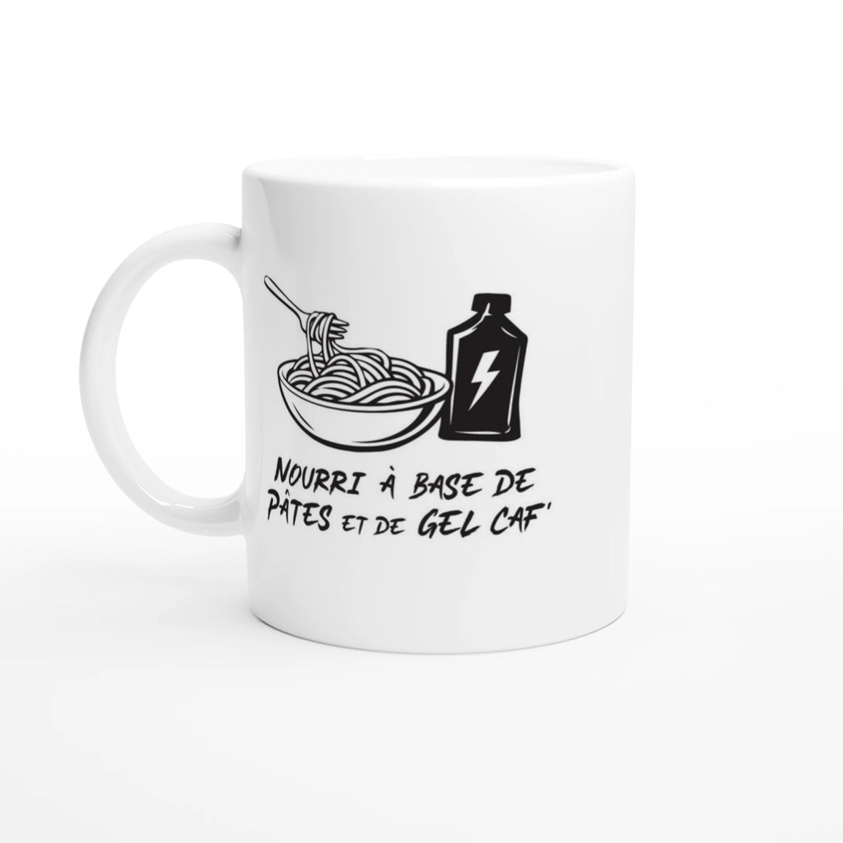 Mug vélo Nourri à base de pâtes et de gel caf', vue de face avec le visuel