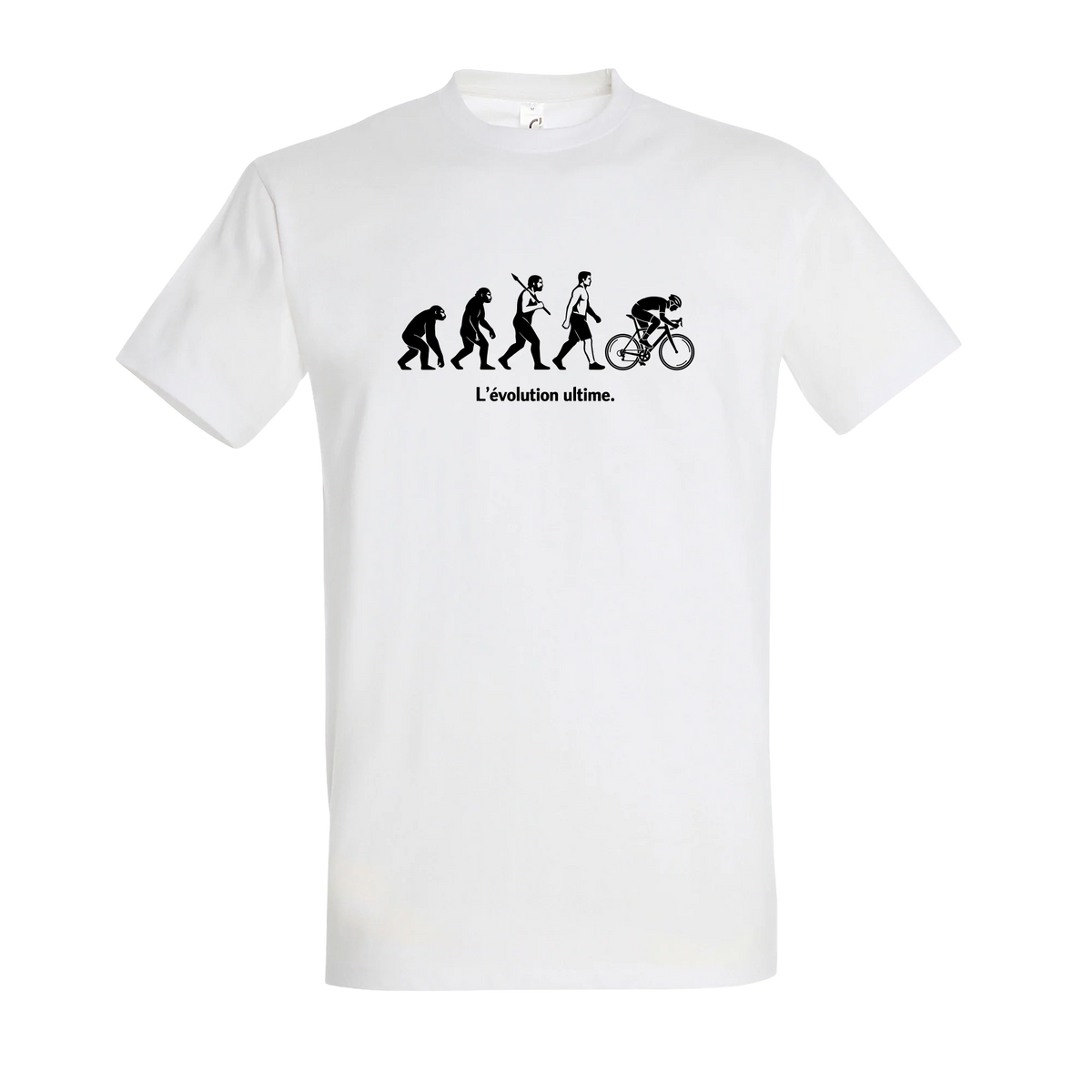 T-shirt cyclisme humour blanc L'évolution ultime, visuel imprimé sur le devant