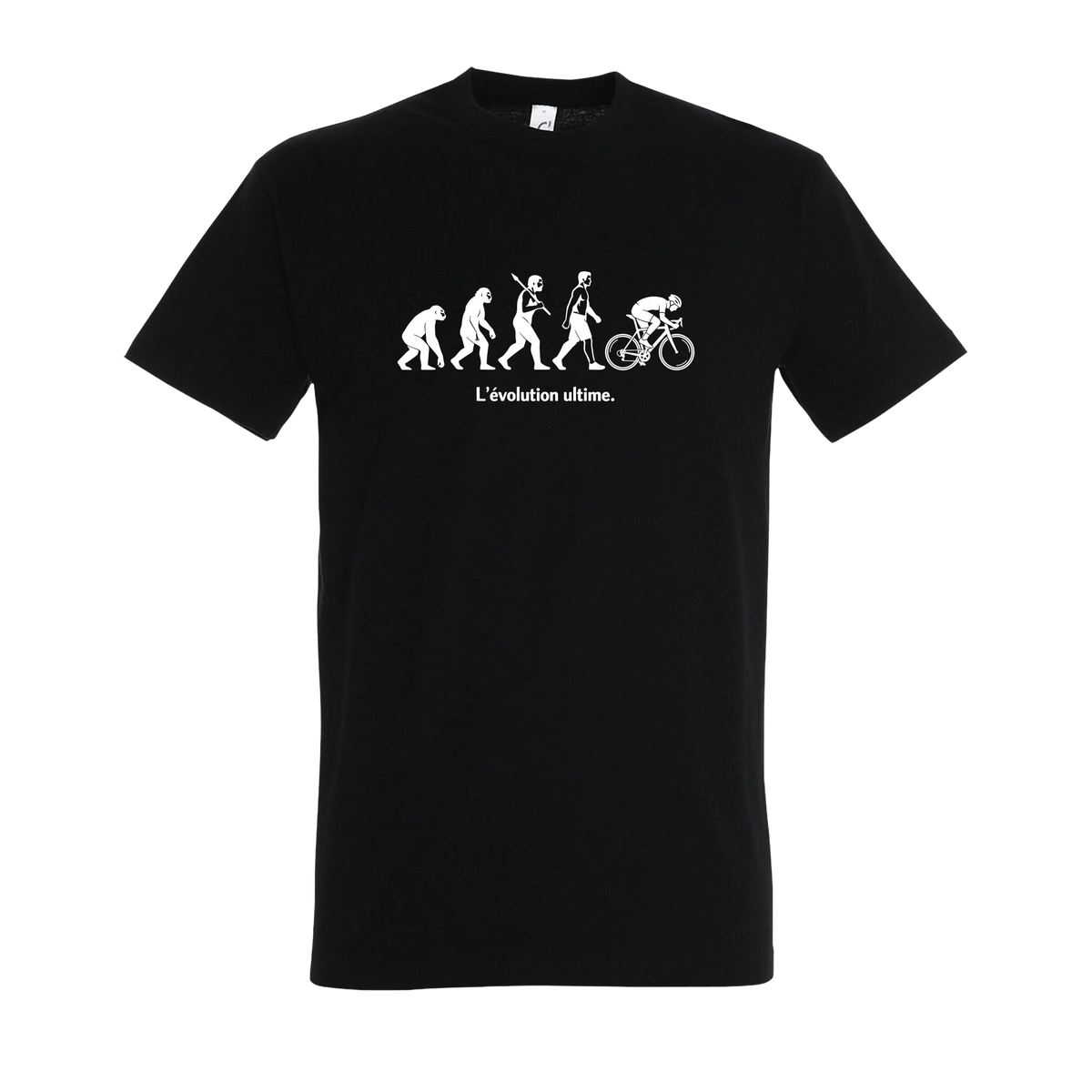 T-shirt cyclisme humour noir L'évolution ultime, visuel imprimé sur le devant