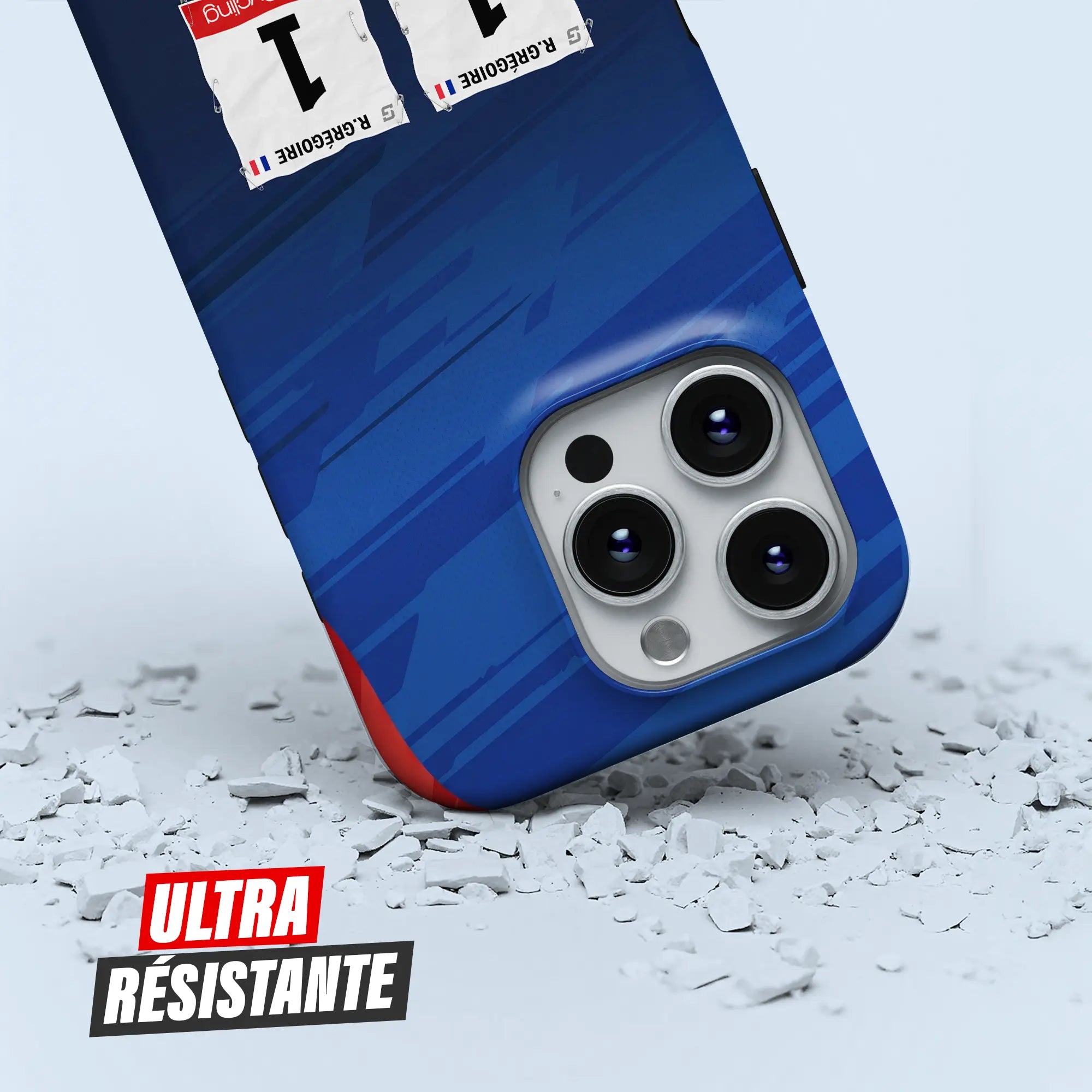 Coque iPhone cadeau cycliste Groupama FDJ United avec nom, numéro et drapeau