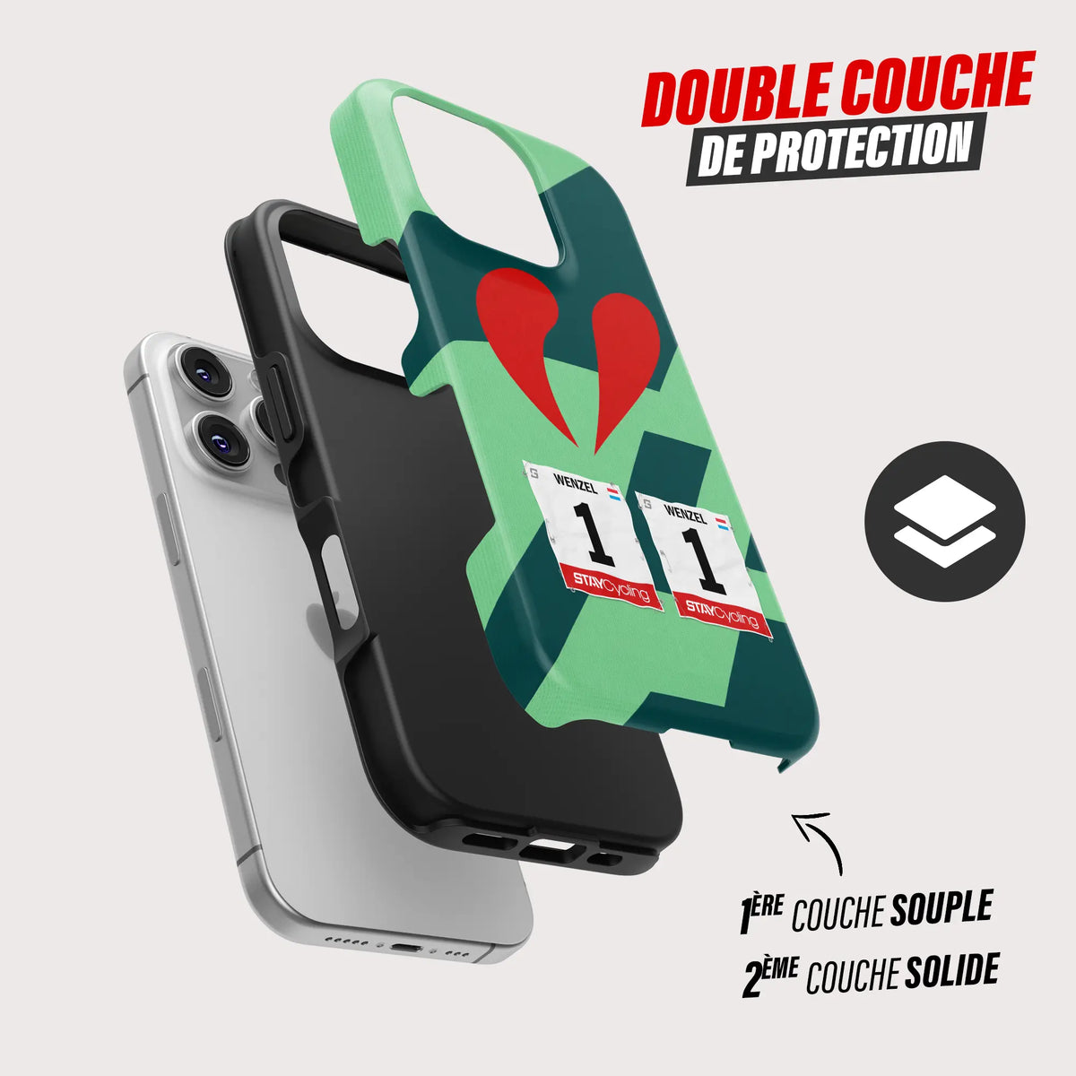 Coque iPhone Kern Pharma personnalisable, gros plan sur le dossard