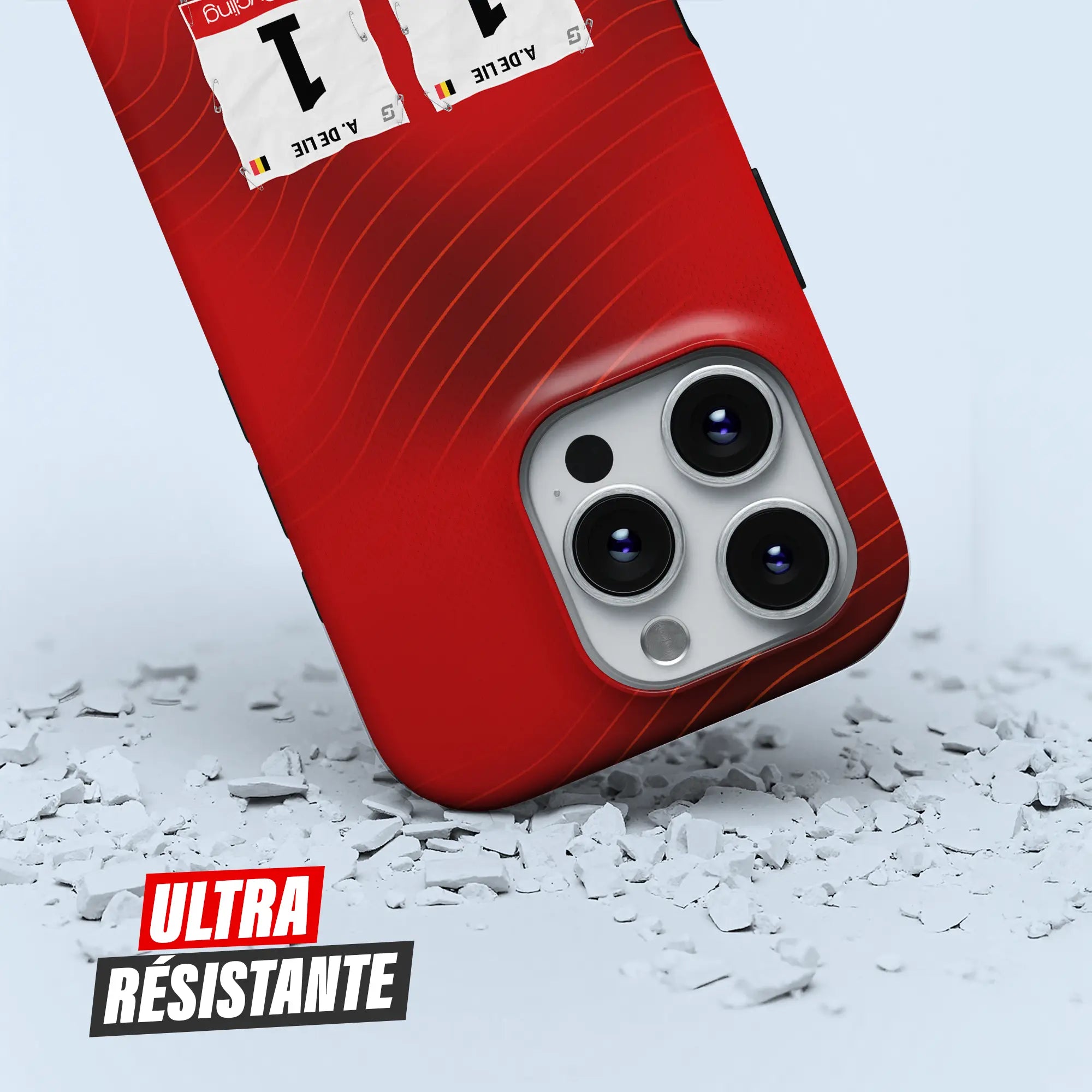 Coque iPhone cadeau cycliste Lotto Intermarché avec nom, numéro et drapeau