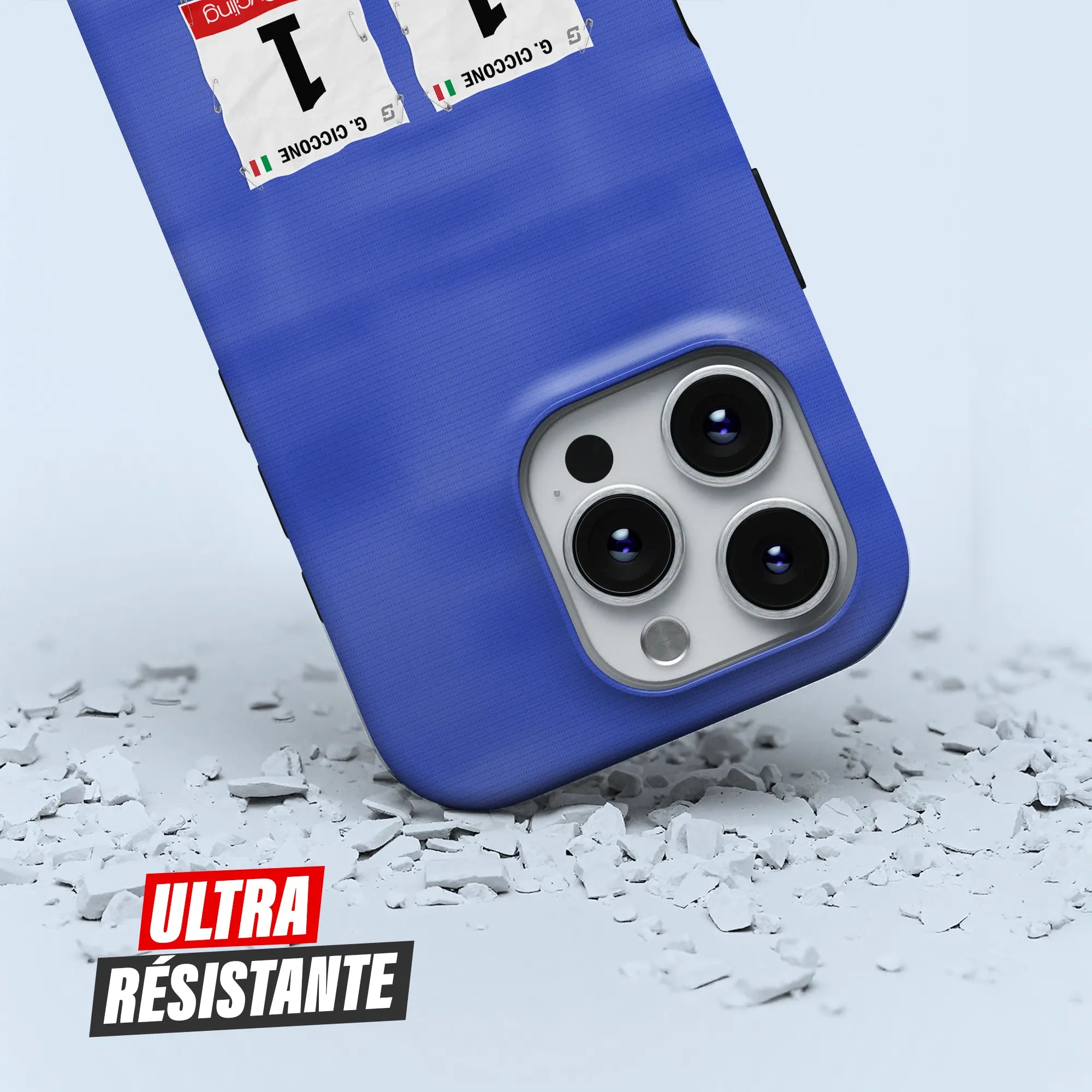 Coque iPhone cadeau cycliste Maglia Azzura avec nom, numéro et drapeau