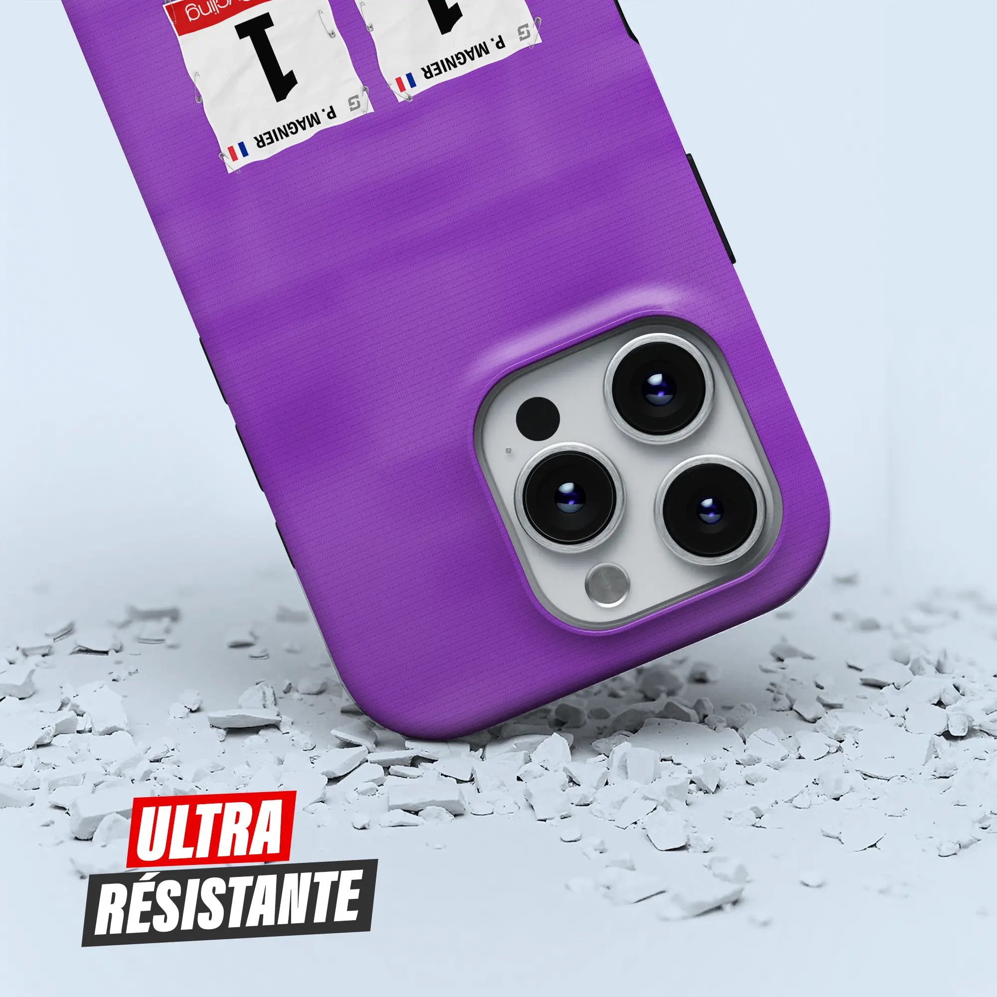 Coque iPhone cadeau cycliste Maglia Cyclamen avec nom, numéro et drapeau