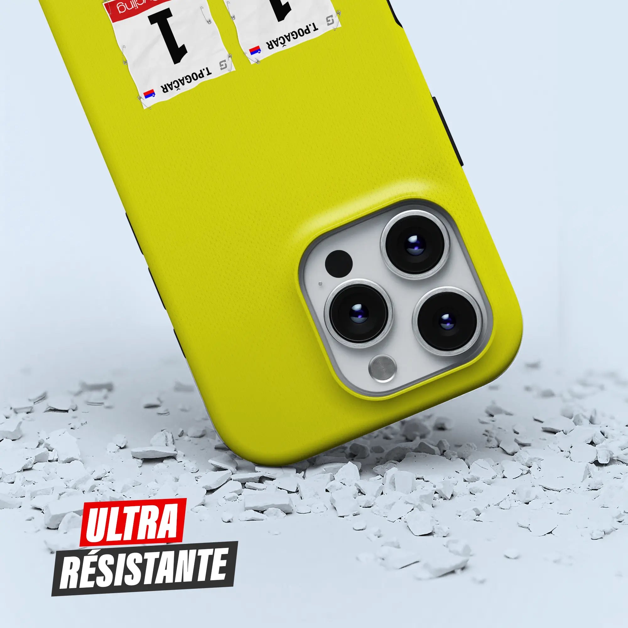 Coque iPhone cadeau cycliste Maillot Jaune avec nom, numéro et drapeau