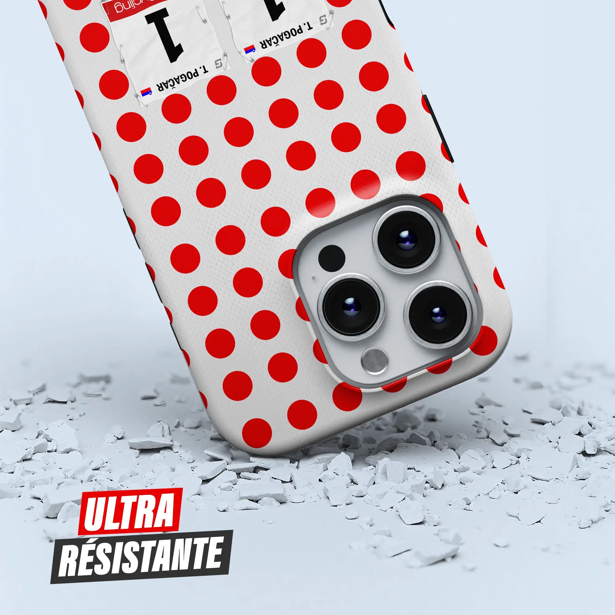 Coque iPhone cadeau cycliste Maillot à Pois avec nom, numéro et drapeau