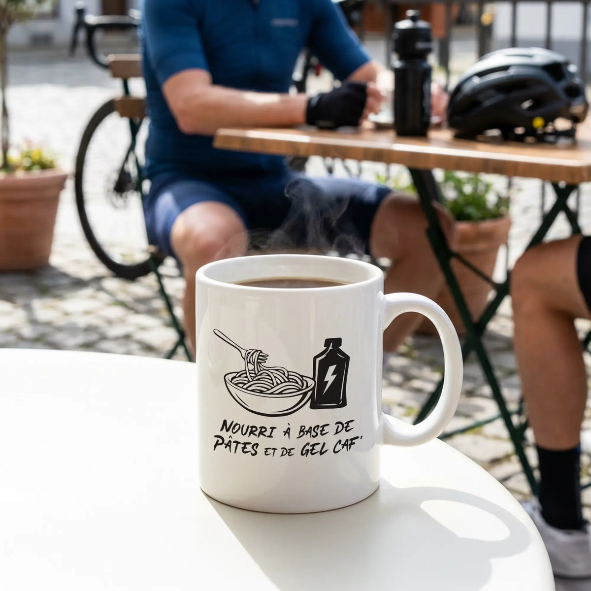 Mug cyclisme Nourri à base de pâtes et de gel caf', céramique blanche, cadeau cycliste