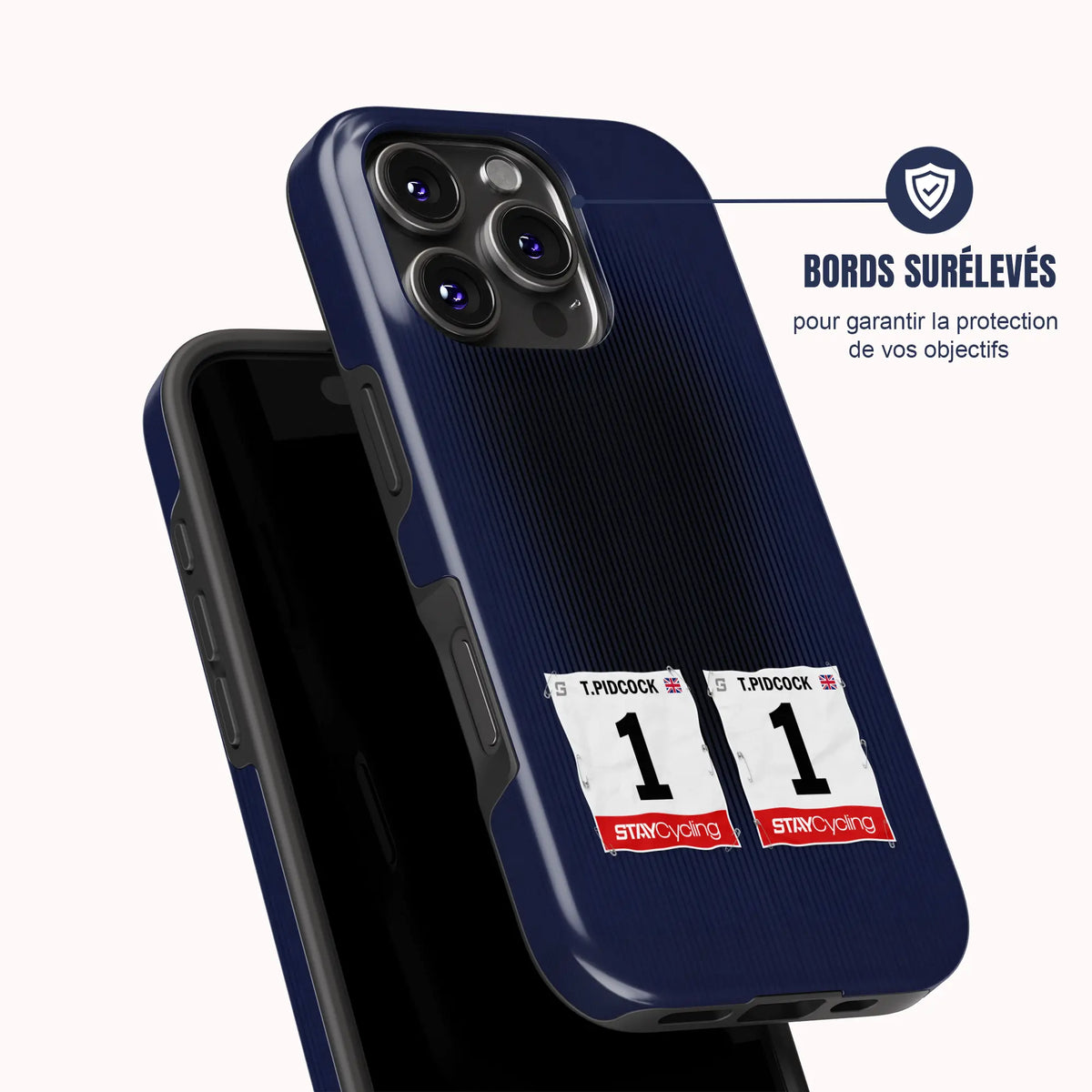 Coque de téléphone cyclisme Pinarello, vue de dos avec dossard