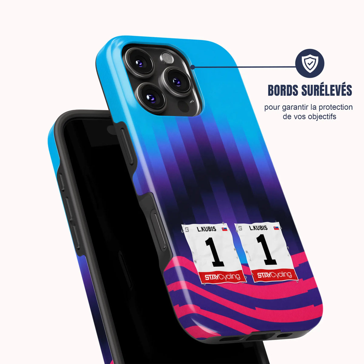 Coque de téléphone cyclisme Unibet Rose Rockets, vue de dos avec dossard