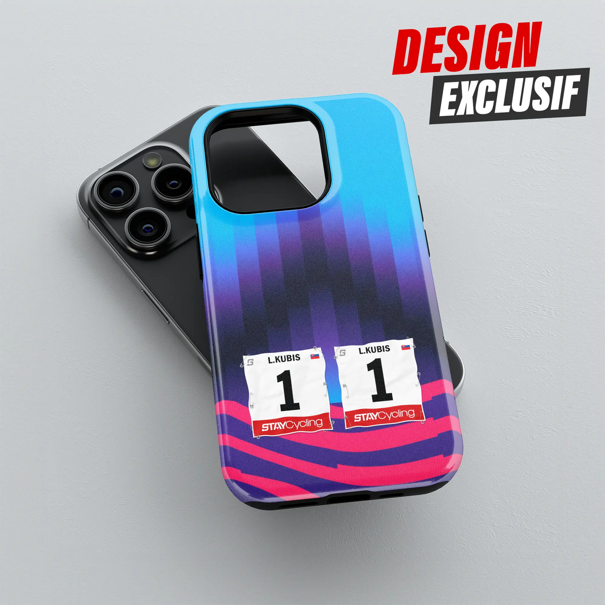 Coque iPhone cadeau cycliste Unibet Rose Rockets avec nom, numéro et drapeau