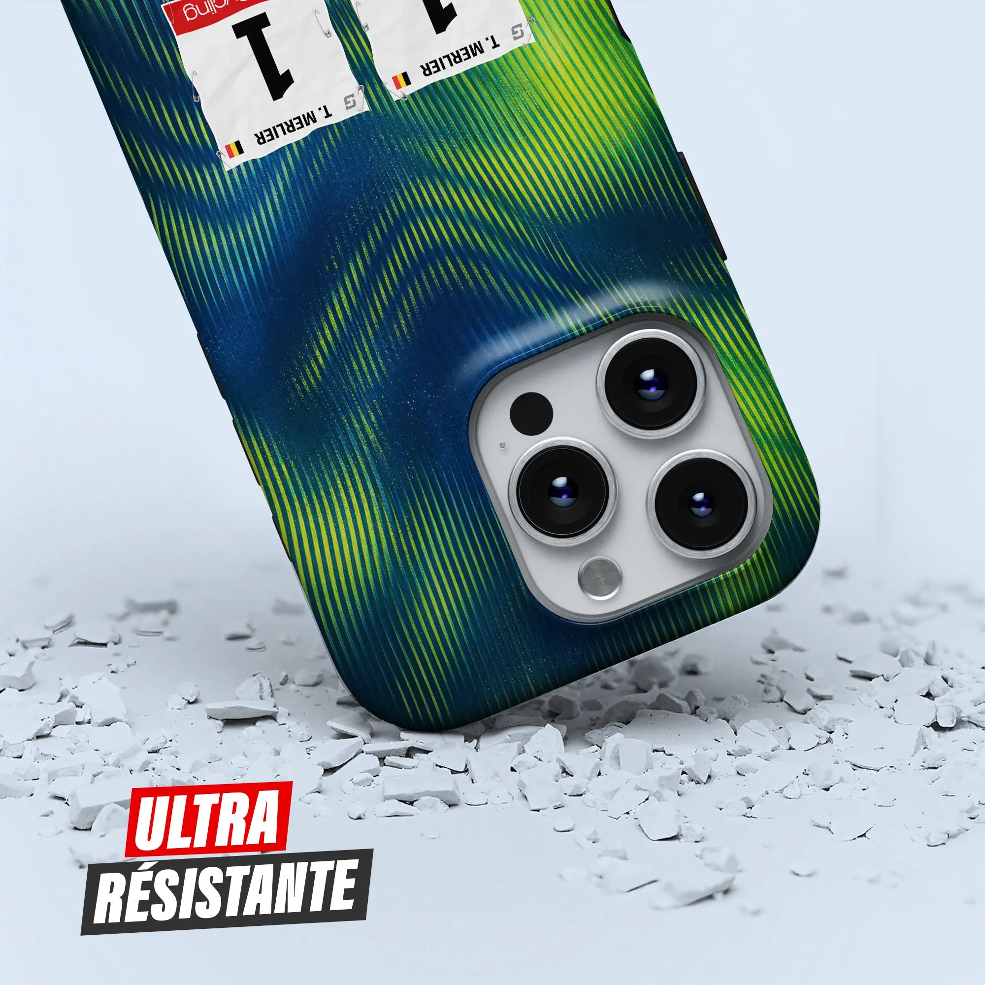 Coque iPhone cadeau cycliste Soudal Quick-Step avec nom, numéro et drapeau