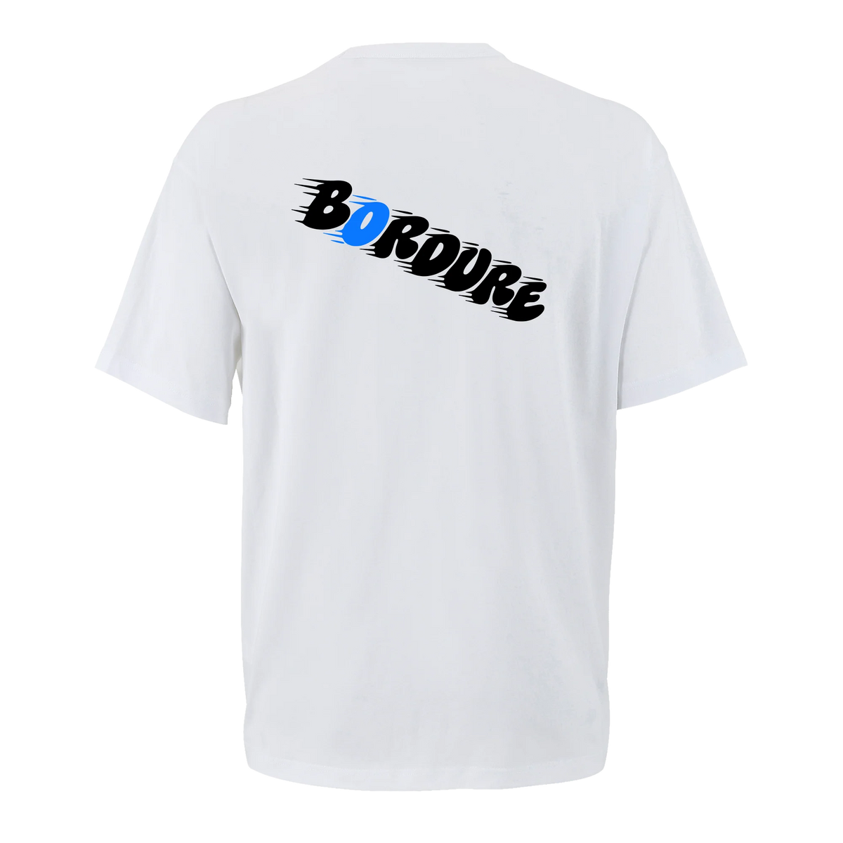 T-shirt cyclisme oversize blanc Bordure, vue de dos avec lettrage en diagonale