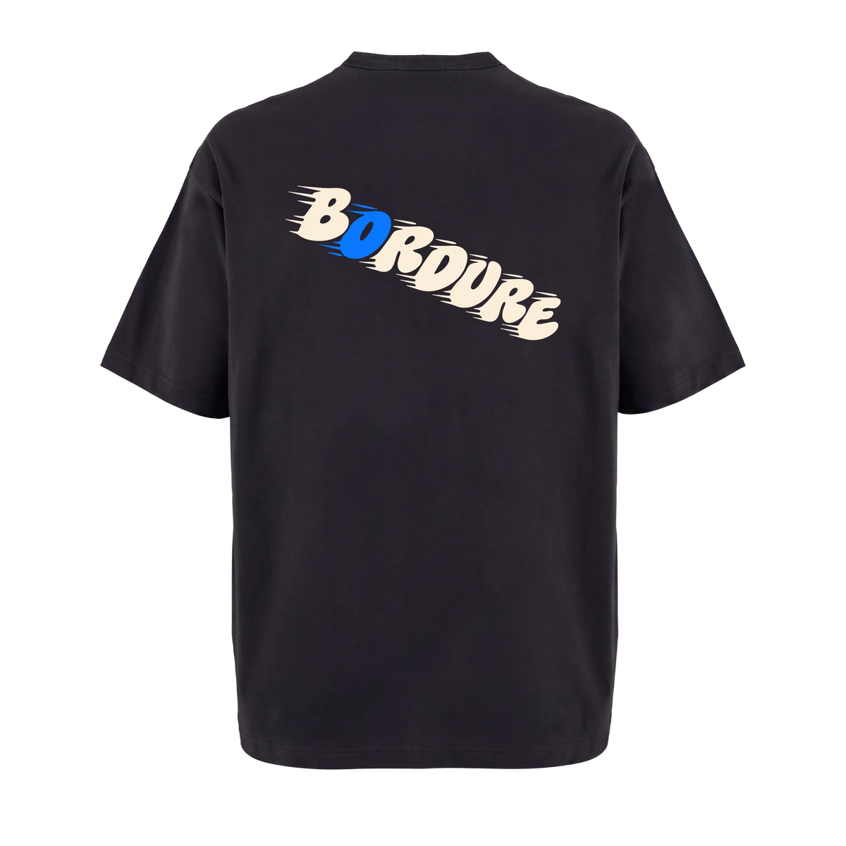 T-shirt cyclisme oversize noir Bordure, vue de dos avec lettrage en diagonale