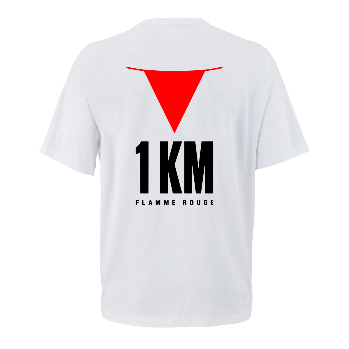 T-shirt cyclisme oversize blanc Flamme Rouge 1 KM, vue de dos avec triangle rouge