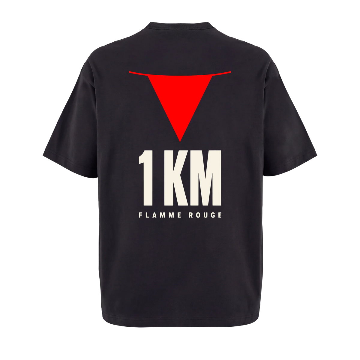 T-shirt cyclisme oversize noir Flamme Rouge 1 KM, vue de dos avec triangle rouge
