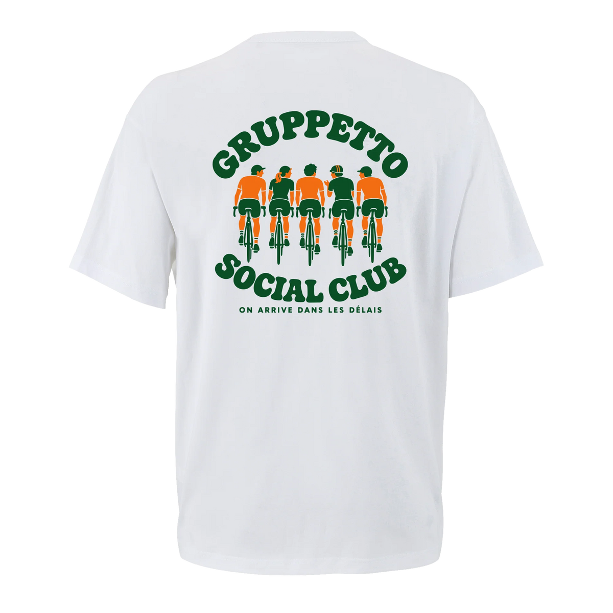 T-shirt cyclisme oversize blanc Gruppetto Social Club, vue de dos avec cinq cyclistes