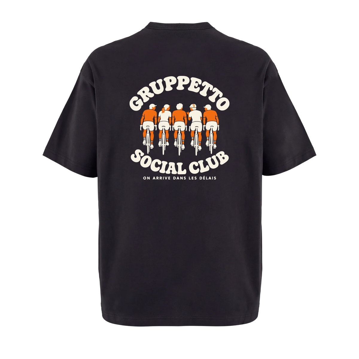 T-shirt cyclisme oversize noir Gruppetto Social Club, vue de dos avec cinq cyclistes