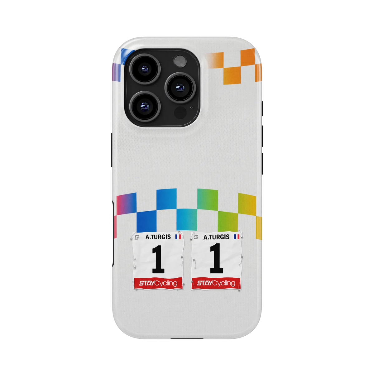 Coque iPhone cyclisme Total Energies personnalisée avec dossard, nom et numéro