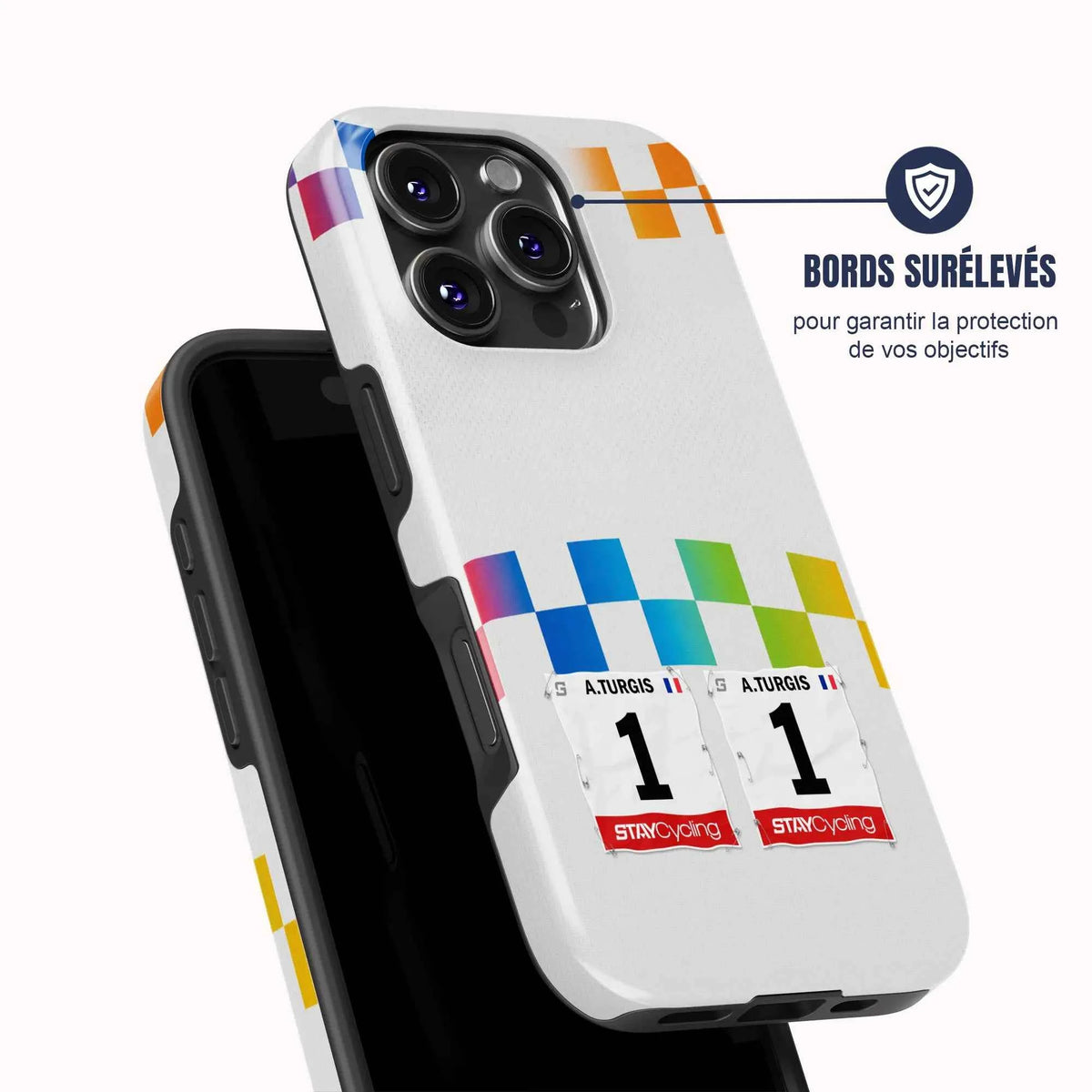 Coque de téléphone cyclisme Total Energies, vue de dos avec dossard