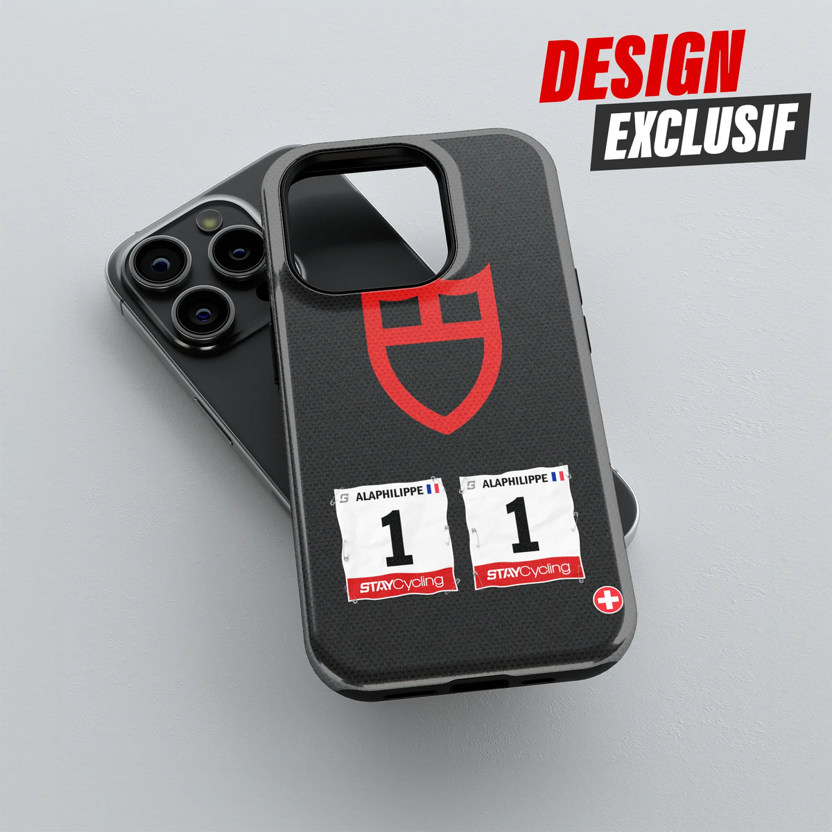 Coque iPhone cadeau cycliste Tudor Pro Cycling avec nom, numéro et drapeau