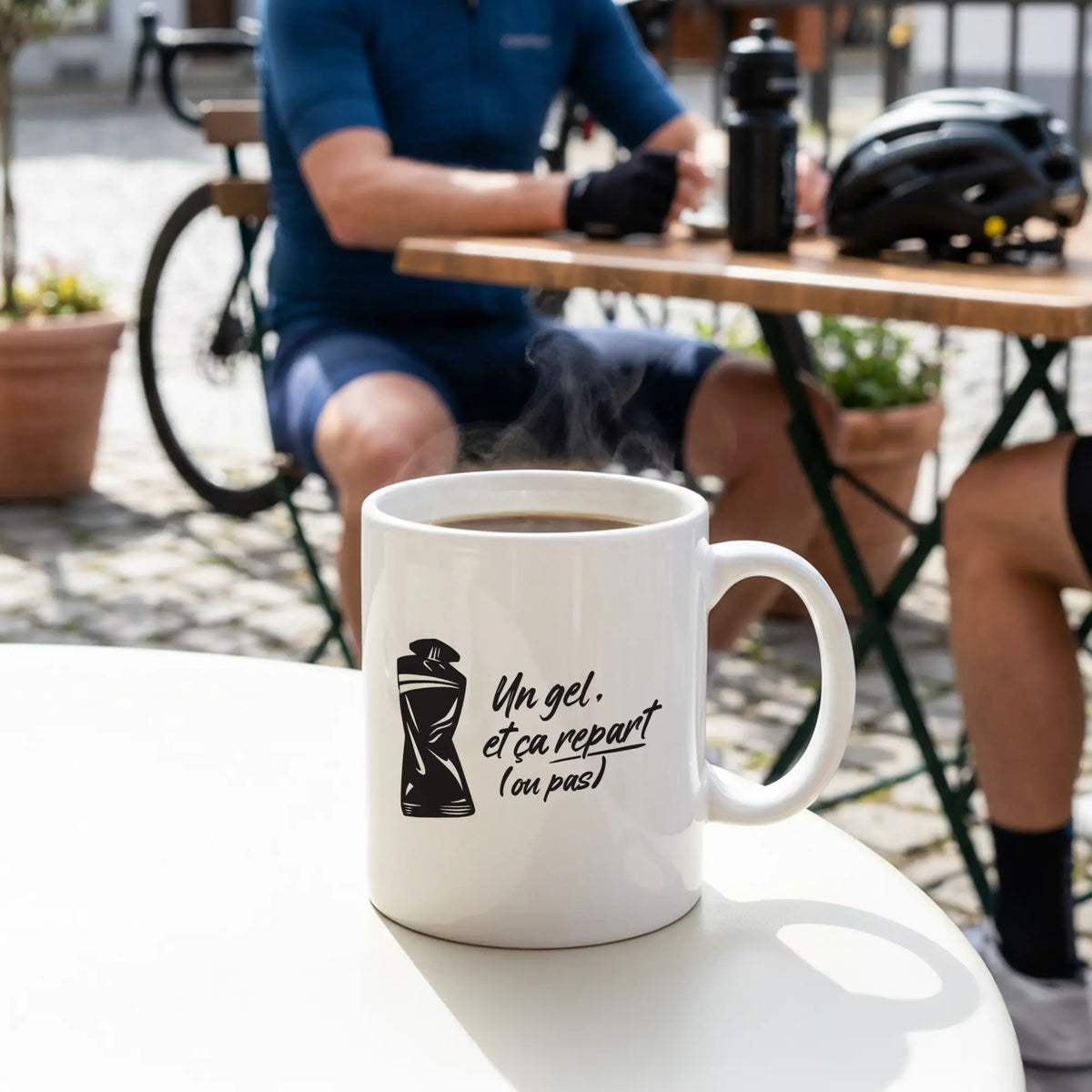 Mug cyclisme Un gel et ça repart, céramique blanche, cadeau cycliste